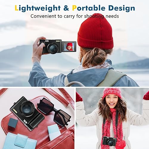 Miniatura 5 de Cámara digital 4K para fotografía con tarjeta de 32 GB, enfoque automático de 48 MP, cámara de vlogging para YouTube con flash, anti-vibración, zoom
