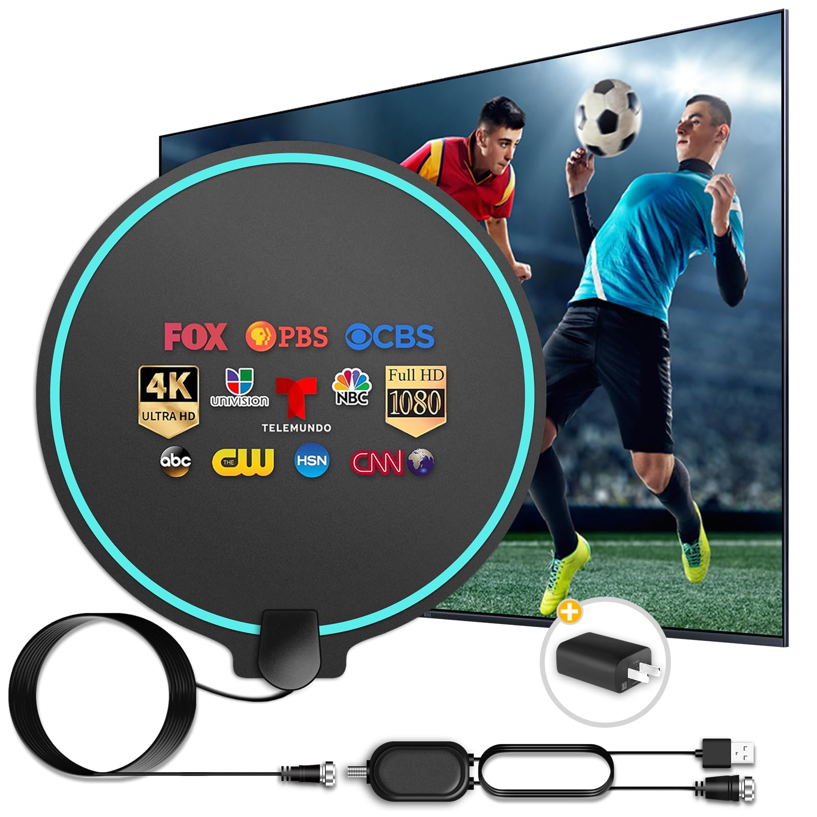 Digital HDTV Antenna Long Range 380 Miles Indoor Amplified Signal Booster Support 4K 1080P UHF VHF FM Local Channels with 13.4ft Coax Cable and USB Power Adapter