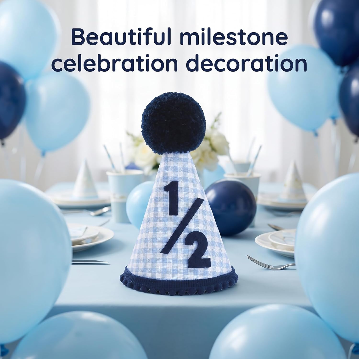 Gingham 1/2 Birthday Party Hat Pom Photo Prop 6-Month Milestone image 2