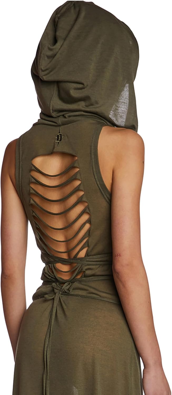 Dolls Kill Echo Hooded Slit Maxi Dress by Darker WAVS - Semi-Sheer Marled Jersey Dress with Draped Hood for Edgy Fashion - Green, X-Large
