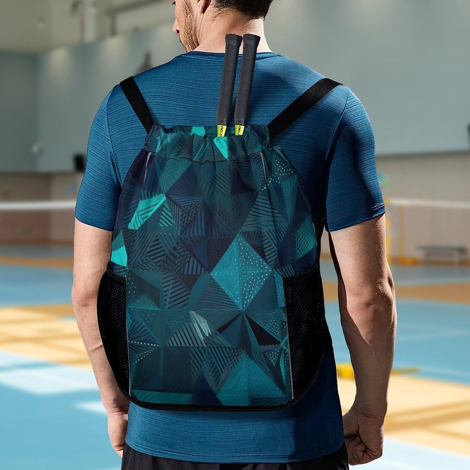Navy Blue And Teal Drawstring Backpack with Wet Pocket - Large Capacity Gym Bag with Shoe Compartment & Mesh Pockets, Adjustable Lightweight Gym Backpack for Swimming, Travel, Workout