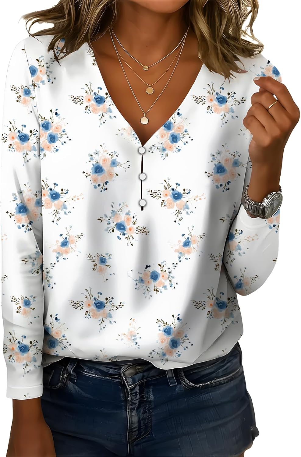 LOAIHA Women's V-Neck Printed Shirt Comfortable Breathable Casual Versatile Long-Sleeved Shirts