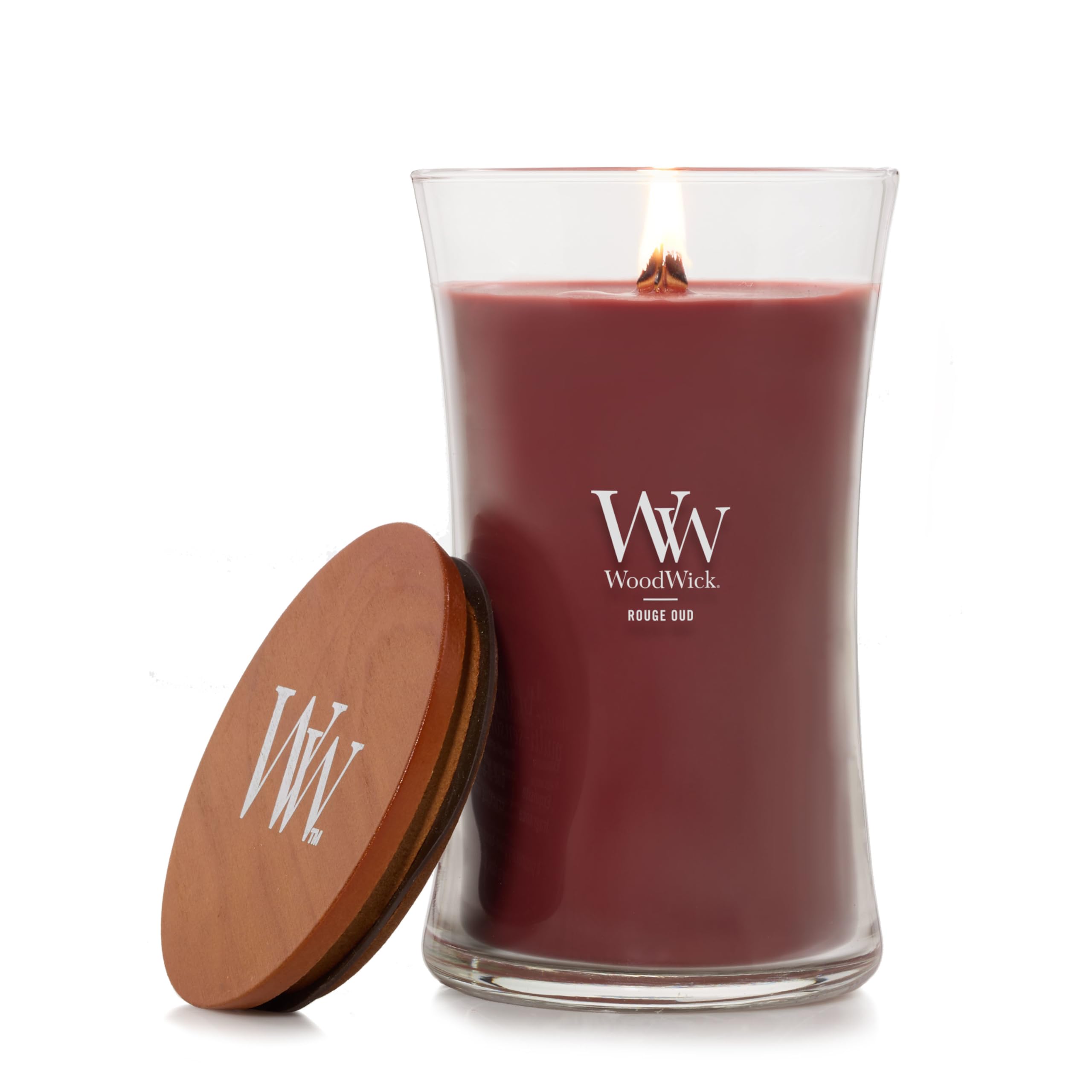 WoodWick Rouge Oud Scented Large Hourglass Candle, Crackles as it Burns, Up to 120 hrs Burn time, Perfect for Gifting, 21 oz