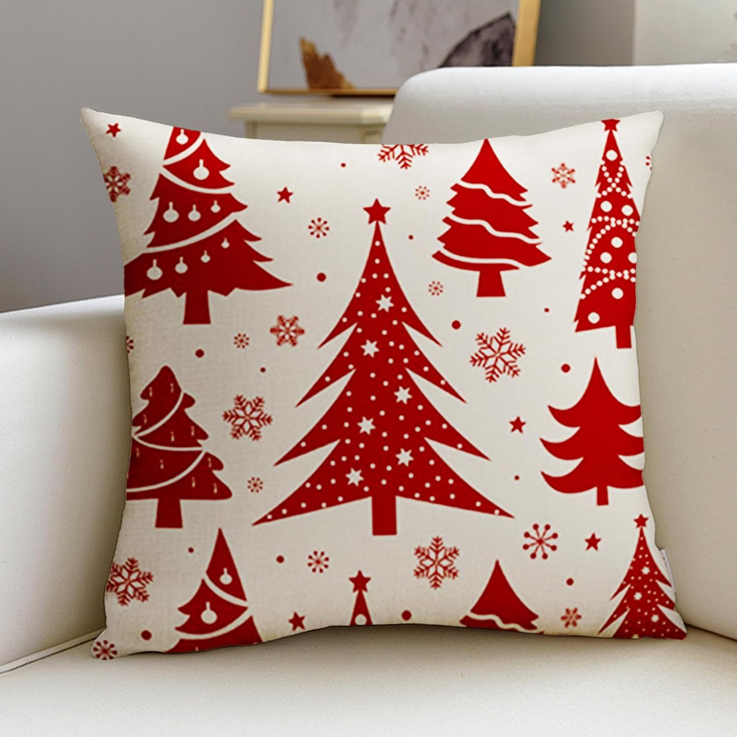 Christmas Pillow Covers, 18x18in Christmas Tree Snowflake Decor Linen Throw Pillows Cases, Set of 4 Xmas Holiday Home Bedroom Decorative Cushion Cover for Sofa Car Home, 45cm x 45cm Red