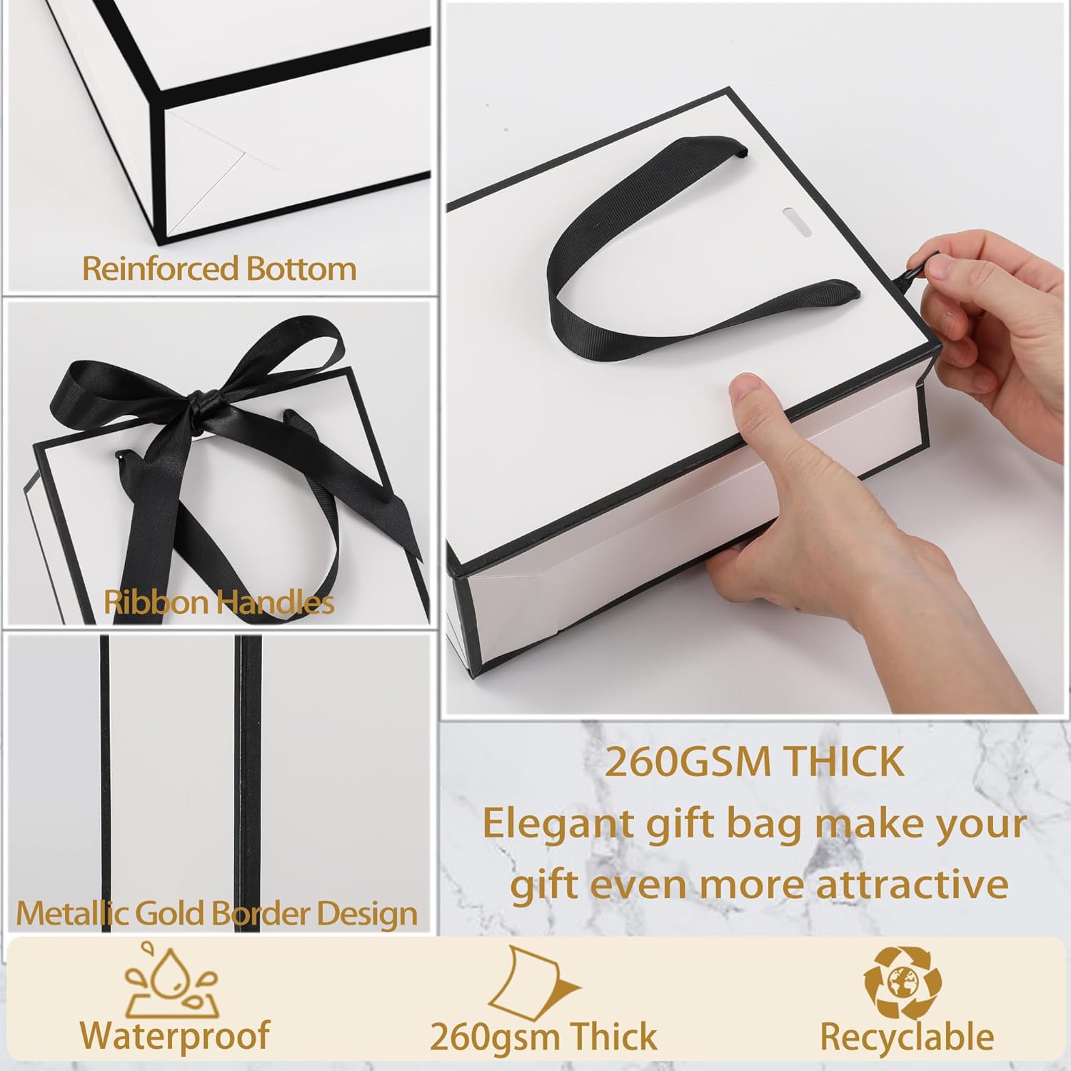 STOBOCTER 12 Pcs Thank You Gift Bags with Handles and Tissue Paper 9 x 7 x 3. 15'' Elegant Welcome Gift Bags with Bow Ribbon for Wedding Bridal Baby Shower Housewarming Birthday Party(White, Black) - Image 5