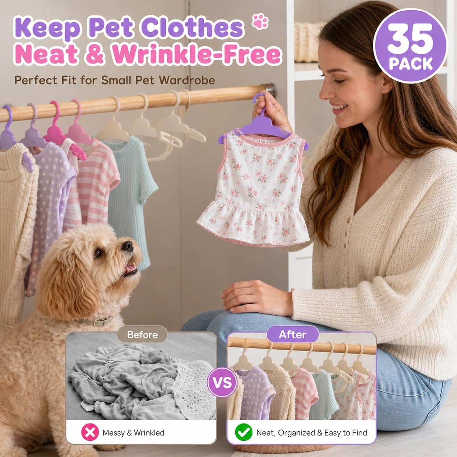 35-Pack Dog Clothes Hangers, 5 Colorful 30 Cream White