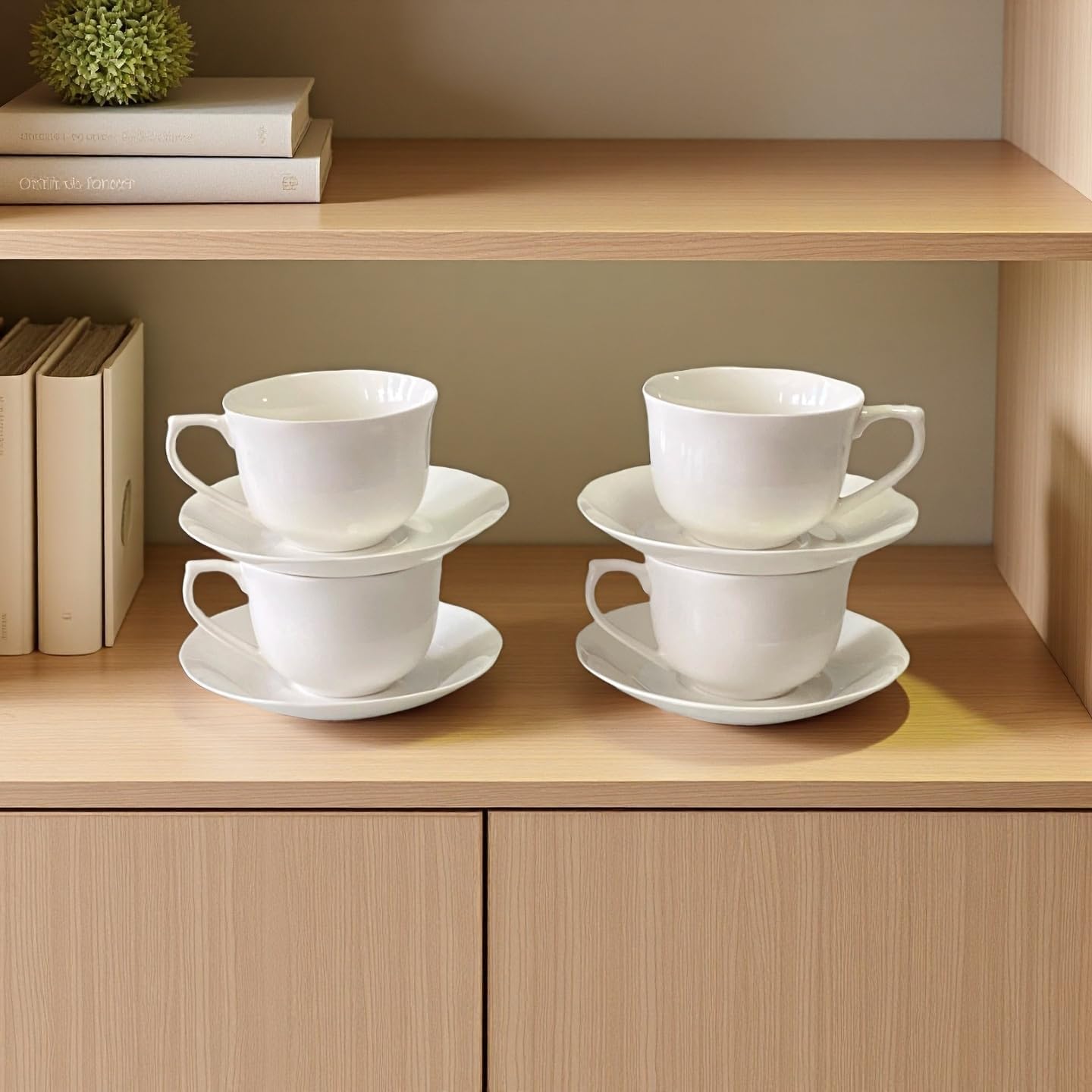 8 Ounce Porcelain Cappuccino Cups with Saucers - Set of 4, Perfect for Specialty Coffee Drinks, Latte, Cafe Mocha and Tea, Ivory White