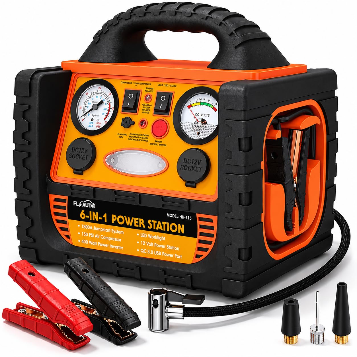 Portable Jump Starter with Air Compressor, FlyAuto 1800A Battery