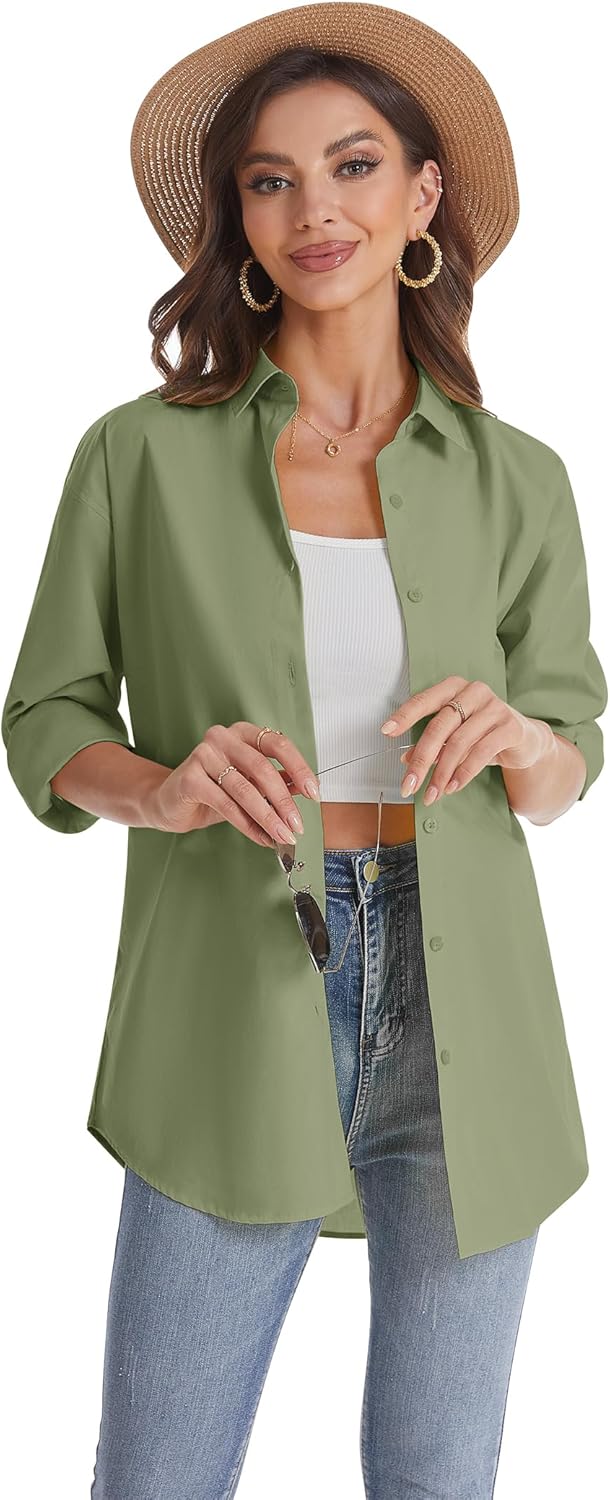 J.VER Womens Oversized Button Down Shirts Casual Long Sleeve Lightweight Breathable Solid Cotton Blouse Office Dress Shirt - Image 3