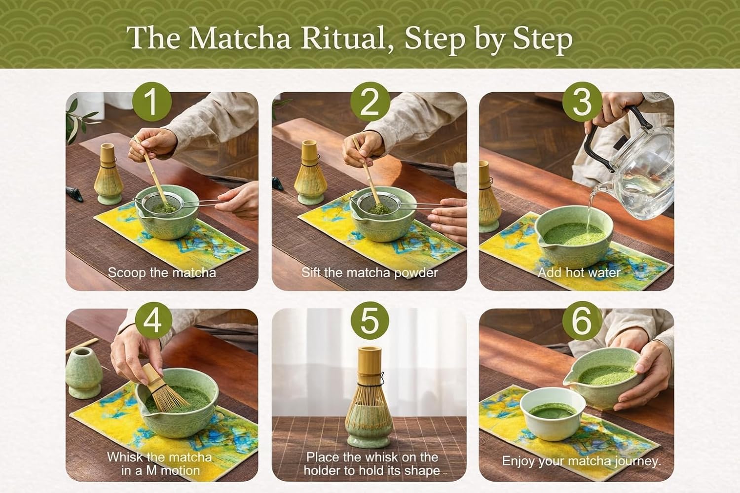 Matcha Whisk Set 8Pcs – BeSoothe Premium Japanese Tea Ceremony Kit, 8 Pcs with Spout Bowl, Bamboo Whisk & Holder, Scoop, Sifter, Tea Towel – Magnetic Gift Box for Matcha Lovers