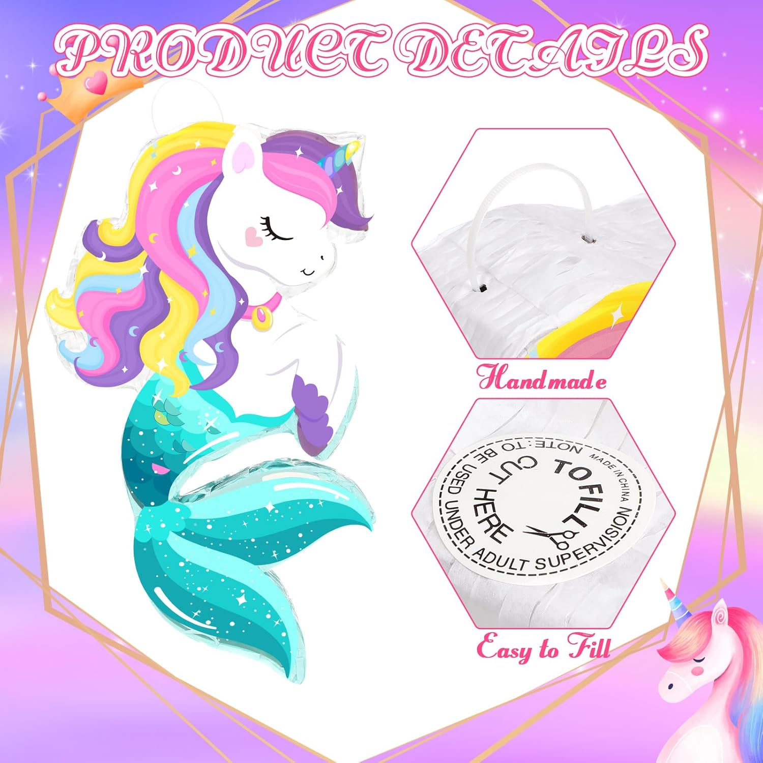 Small Unicorn Piñata with Piñata Stick Blindfold and Confetti Rainbow Unicorn Piñata for Girls Birthday Party Pink Unicorn Party Supplies for Princess Parties Fiestas Decorations(Unicorn Mermaid)