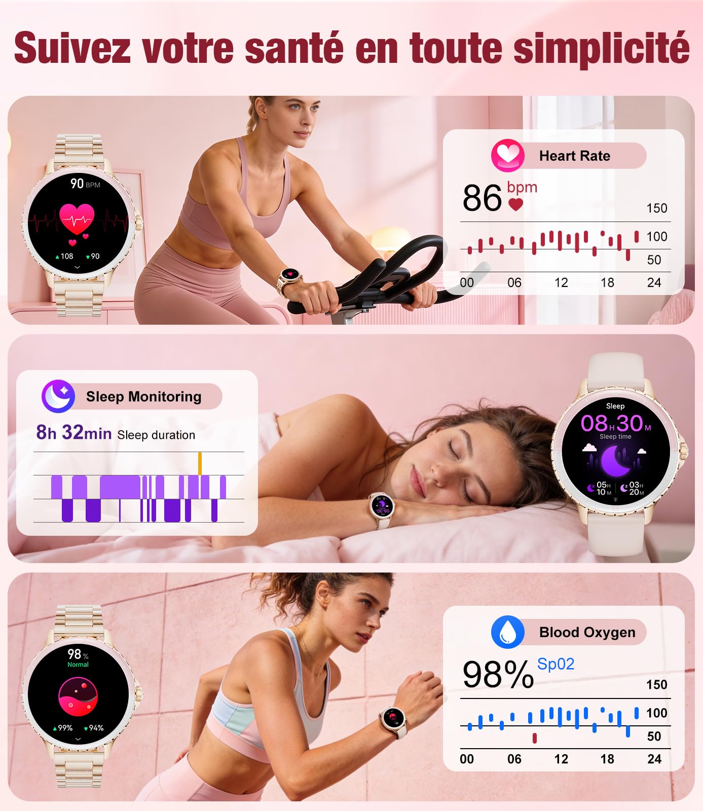 Montre Connectée Femme Ronde, 1,27" Smartwatch Femme avec Appel Bluetooth, Montre Intelligente Santé Féminine Fréquence Cardiaque SpO2 Sommeil Montre Fitness Podomètre, Or Rose