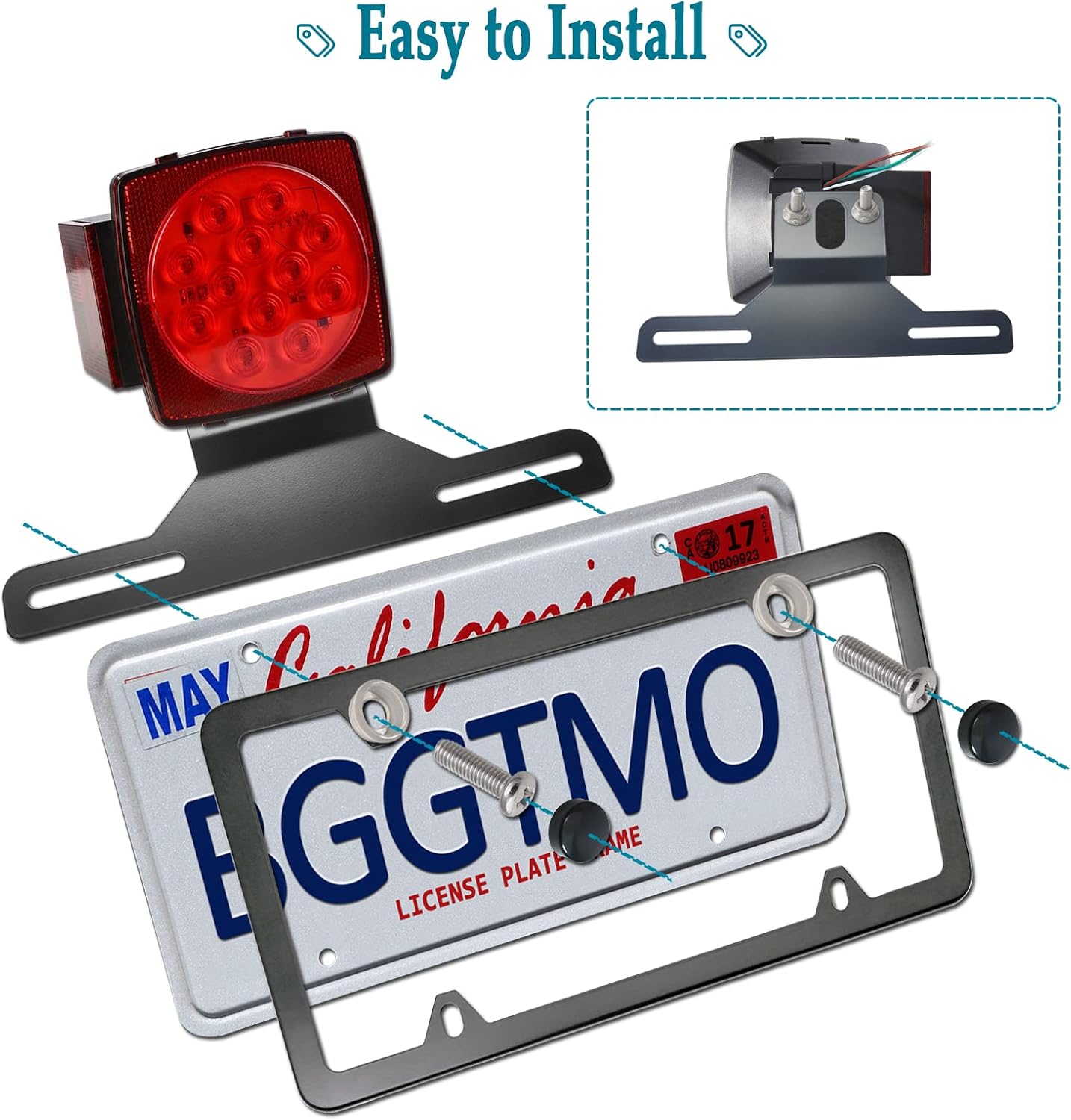 BGGTMO Trailer License Plate Bracket Holder- ATV/RVs/Boat/Jet Ski Utility Trailer Metal Car Tag Frame and Black Aluminum Cover Mounting Kit with Screw Caps