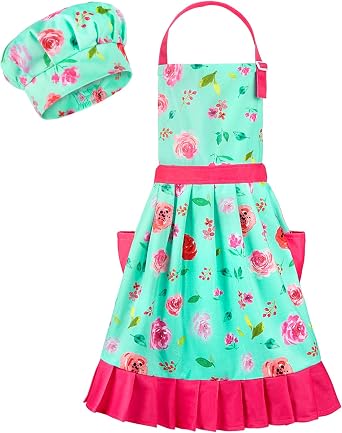 MHJY 2-Piece Kids Apron Hat Set, Pleated Skirt Apron for Girls, 8-12 Years