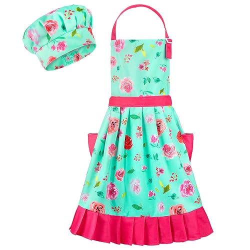 MHJY Kids Apron Hat Set for Girls Vintage Pleated Skirt Aprons with Adjustable Strap Pockets for Baking Cooking 8-12 Years