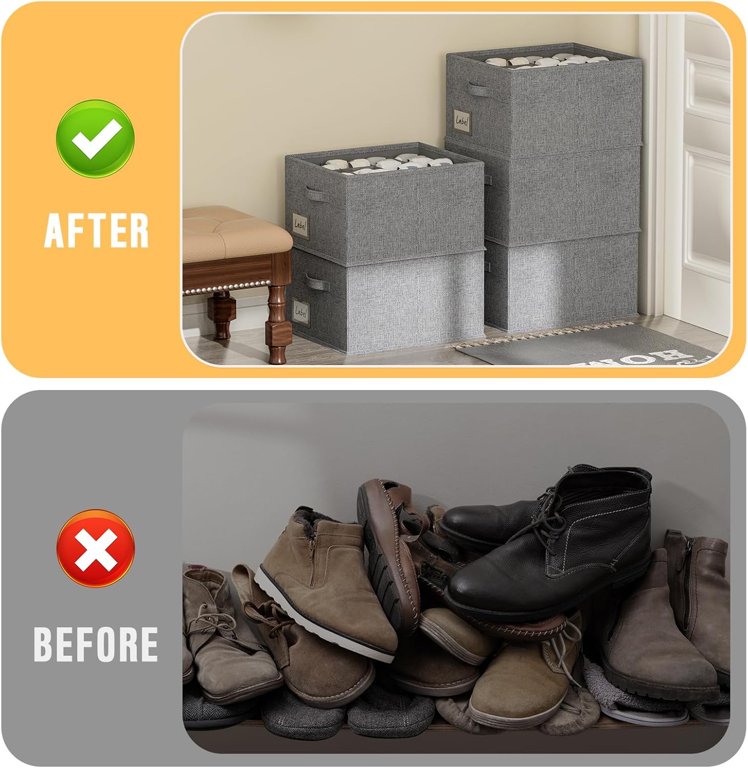 FHSQX 4 Pack Shoe Organizer for Closet,Foldable Shoe Organizer,Fits up to 48 Pairs,Storage Containers With Bottom Support for Shoes (Dark Grey, (16.5 * 12.6 * 9.5) x4)