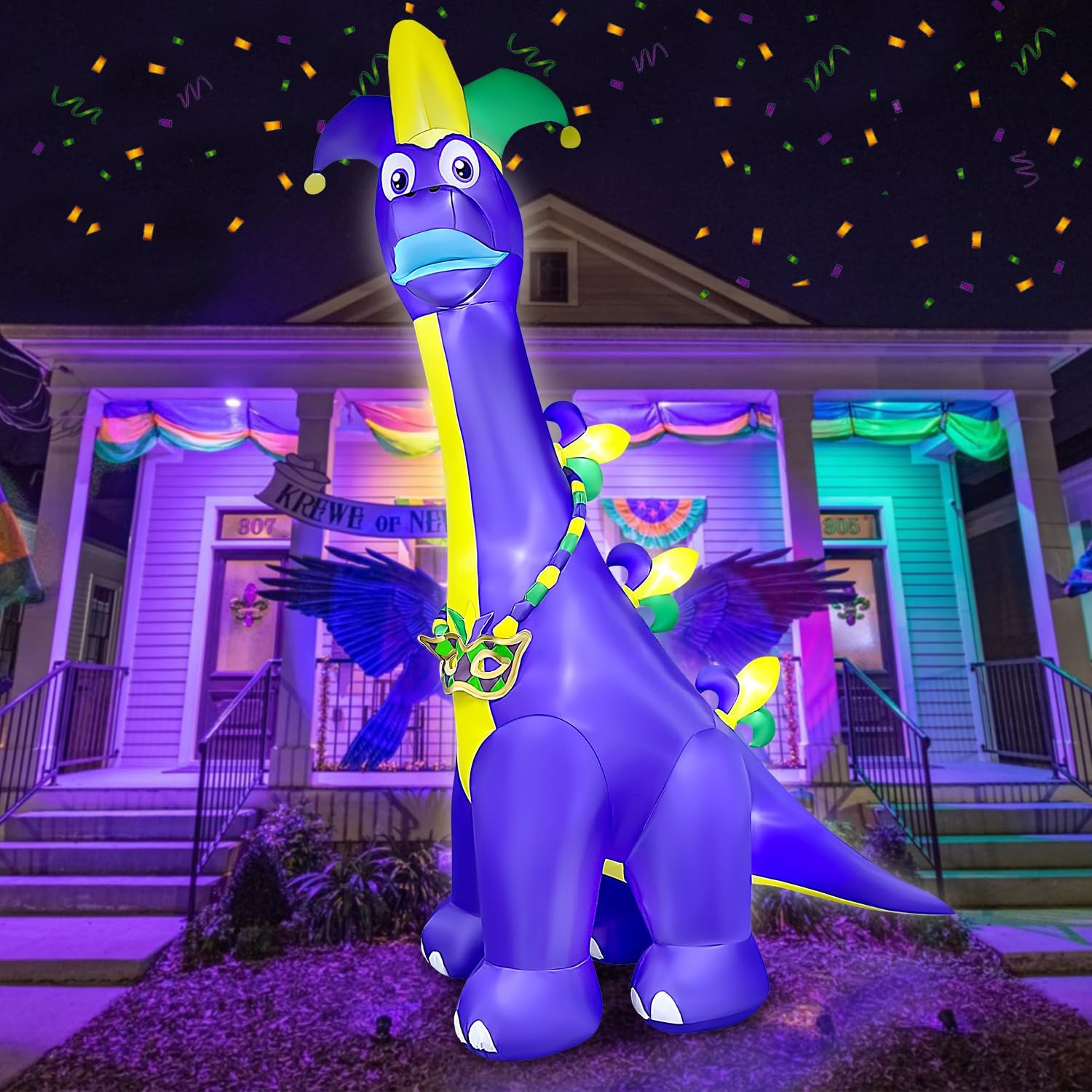 12FT Gaint Mardi Gras Inflatable Decorations Dinosaur Blow Up LED Lighted Mardi Gras Carnival Yard Decoration for Indoor Outdoor Lawn Party Supplies 12ft Dragon