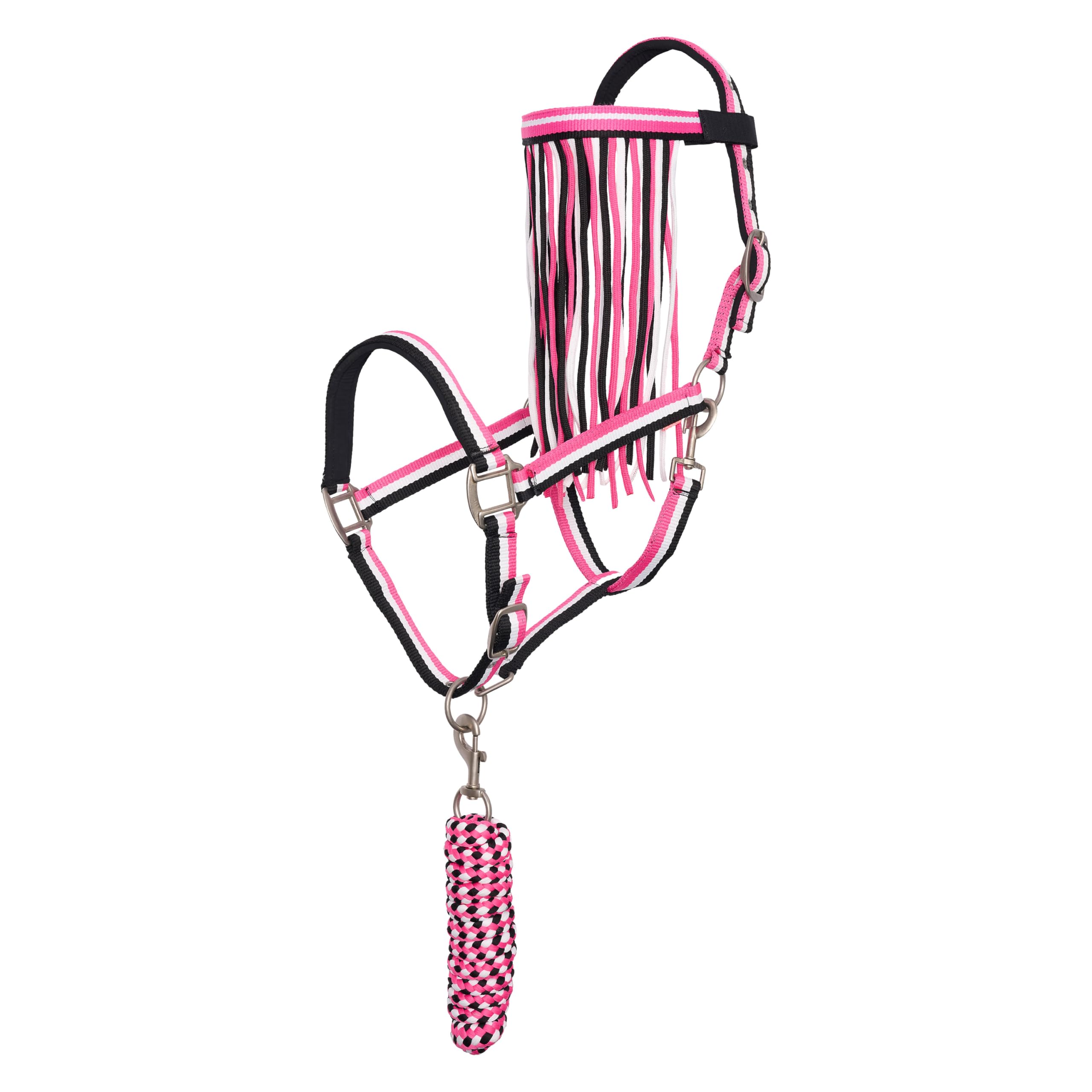 Imperial Riding Halter Set with Tie Rope & Fly Fringe - Durable Nylon Halter with Buckle, & Snap Hook, Comfortable & Easy to Clean, Neon Pink, Pony