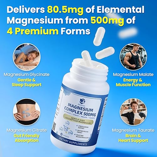 Miniatura 3 de Complejo de magnesio 500 mg  Glicinato de magnesio, citrato, malato, taurato 4 en 1, con D3, B6, B12 y mezcla de hierbas, veganas, cápsulas sin OMG