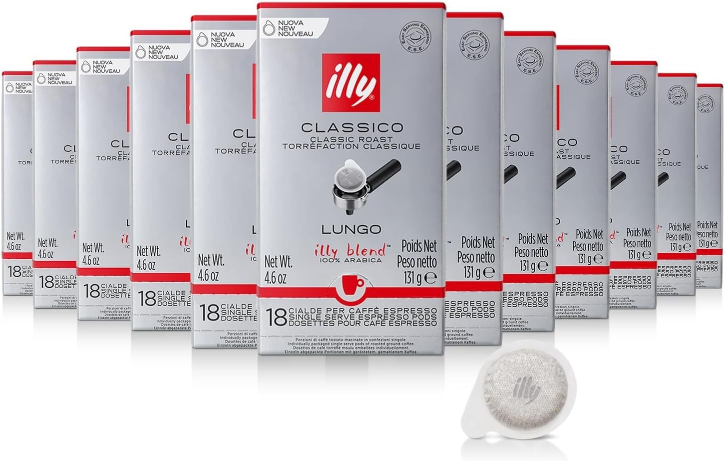 Coffee ESE Capsules, Classico Lungo Medium Roast Coffee Pods, 100% Arabica, Premium Italian Blend, Single Serve, 18 Count, 12 Pack