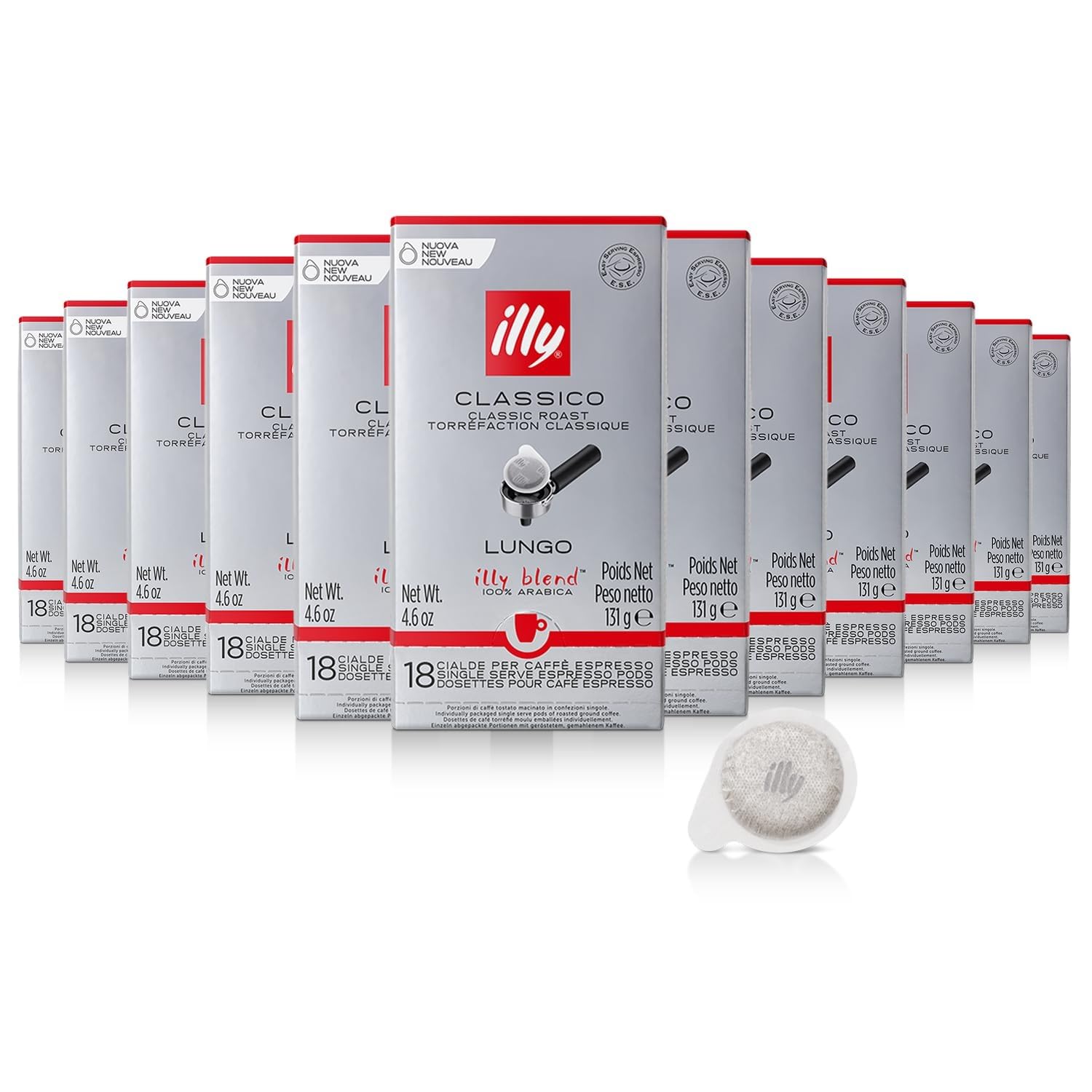 illy Coffee ESE Capsules, Classico Lungo Medium Roast Coffee Pods, 100% Arabica, Premium Italian Blend, Single Serve 18 Count, 12 Pack