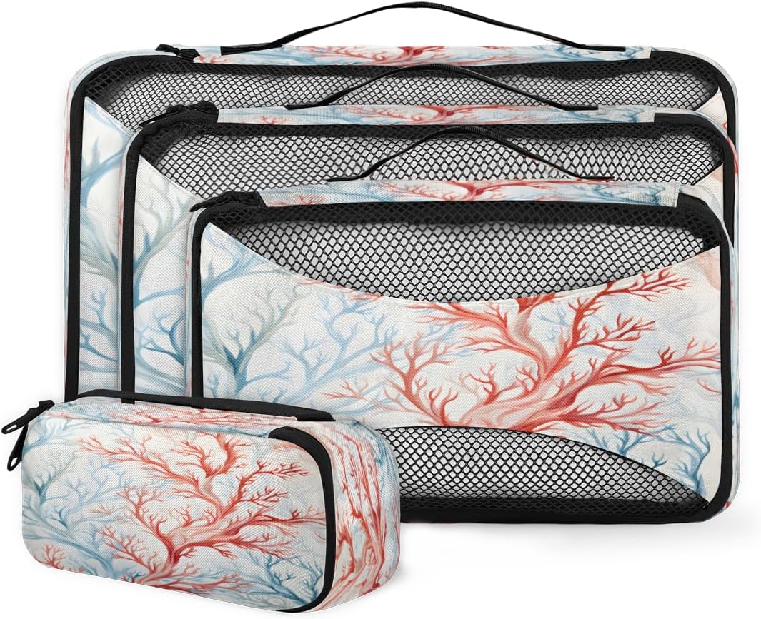 Colorful Coral Watercolor Packing Cubes 4 Pack Travel Packing Bags Set Lightweight Mesh Travel Luggage Organizer Clothes Carry on Suitcase Bags for Accessories Essentials