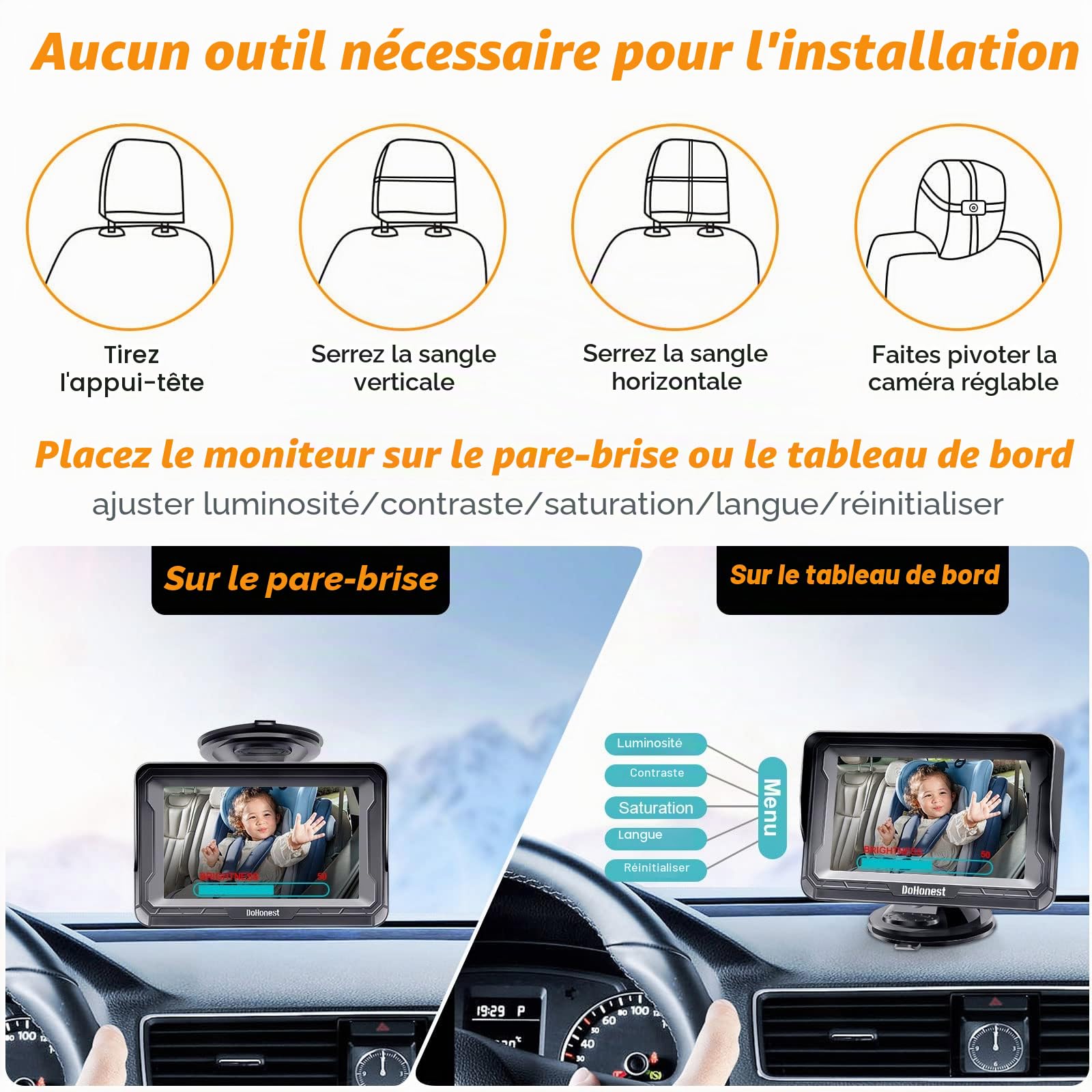 DoHonest Caméra de voiture pour bébé HD 1080p avec écran – Siège de sécurité enfant Miroir de voiture pour bébé pour visage arrière 5 minutes Installation facile Vision nocturne V33