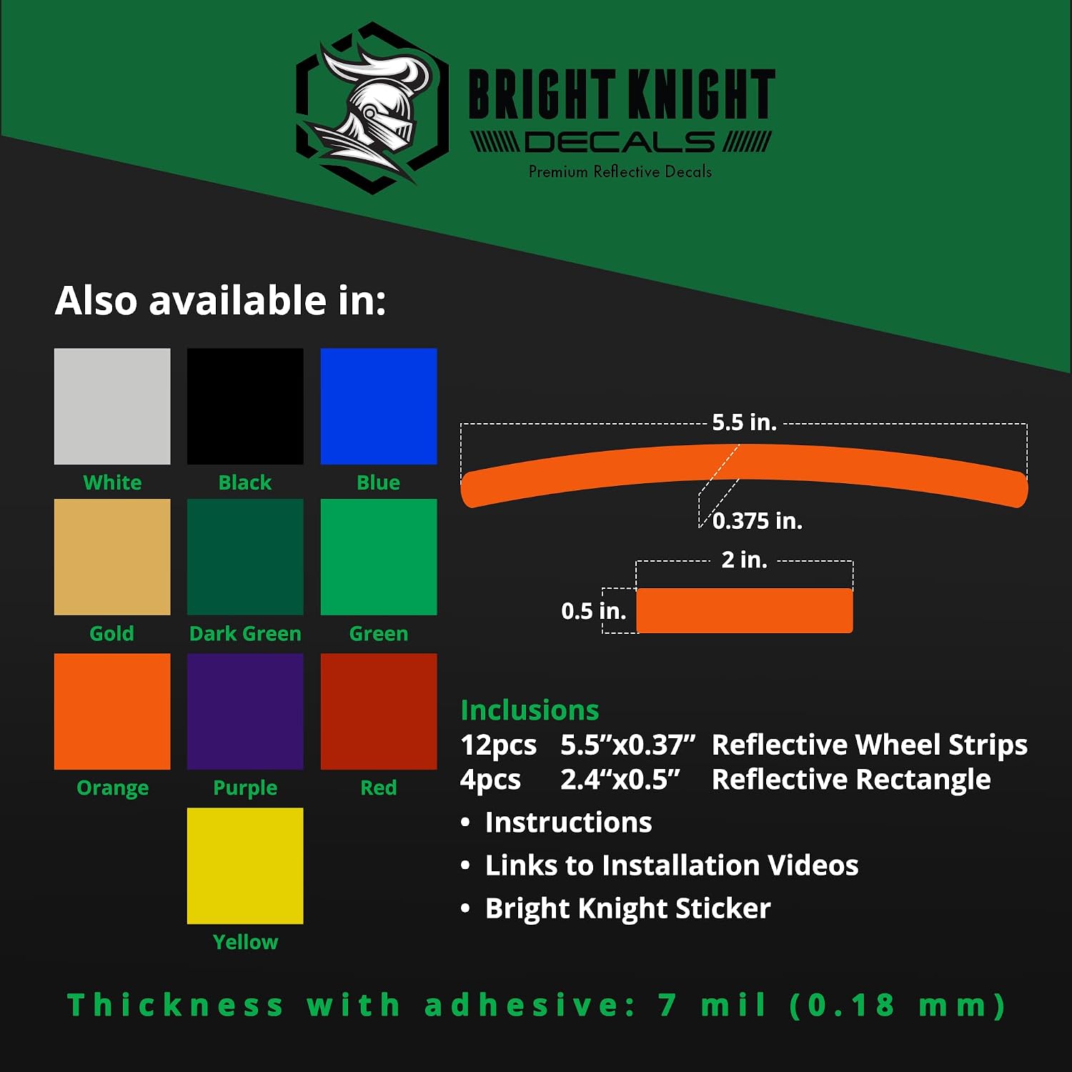 BRIGHT KNIGHT DECALS Reflective Stickers for Bike Wheel Rims | 3M Reflective Bike Rim Tape Decal Kit for Bicycles and Motorcycles, Night Riding Visibility, Fits 20-24" Disc Brake Rims
