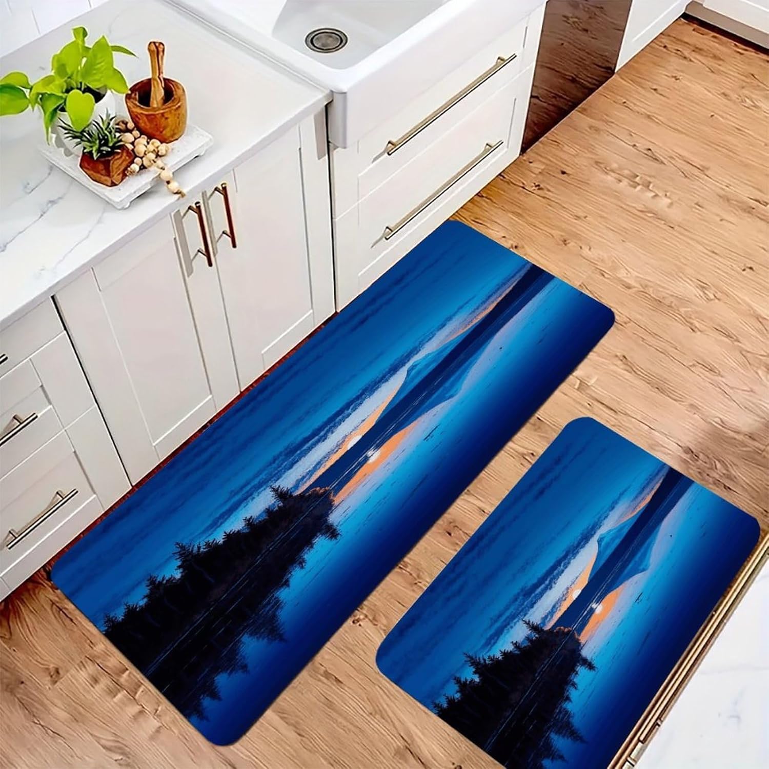 Blue Sunset Kitchen Mat Washable Non Slip Rugs Soft Kitchen Mats for Floor Set of 2 PCS Cushioned Absorbent Runner Standing Rugs for Home Sink Laundry Office