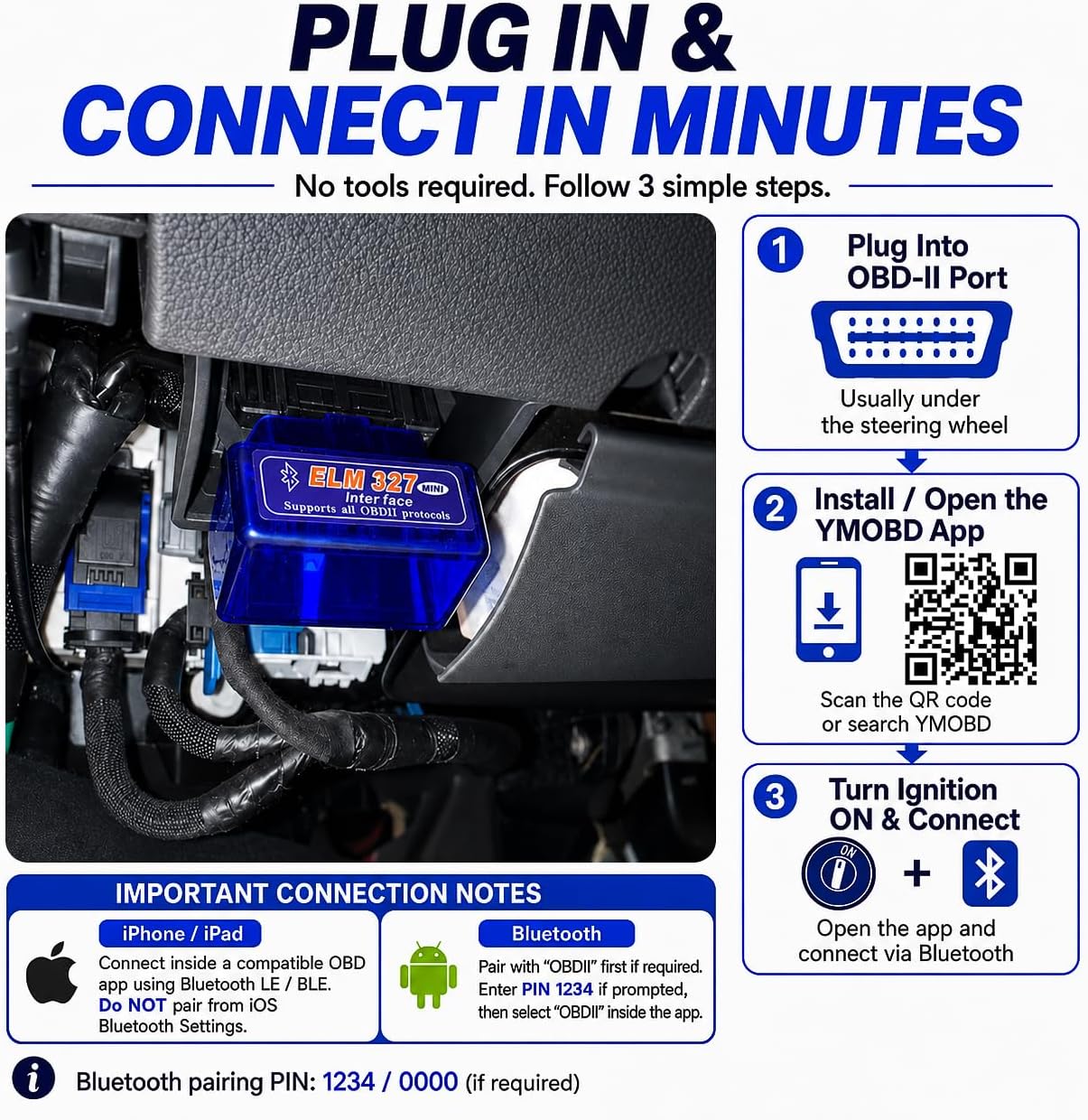 OBD2 Scanner Bluetooth 5.1 Adapter for iPhone & Android, OBDII Car Diagnostic Code Reader for 12V Gas Cars, Check Engine Light Reader with Live Data, VIN, RPM, Coolant Temp, YMOBD App