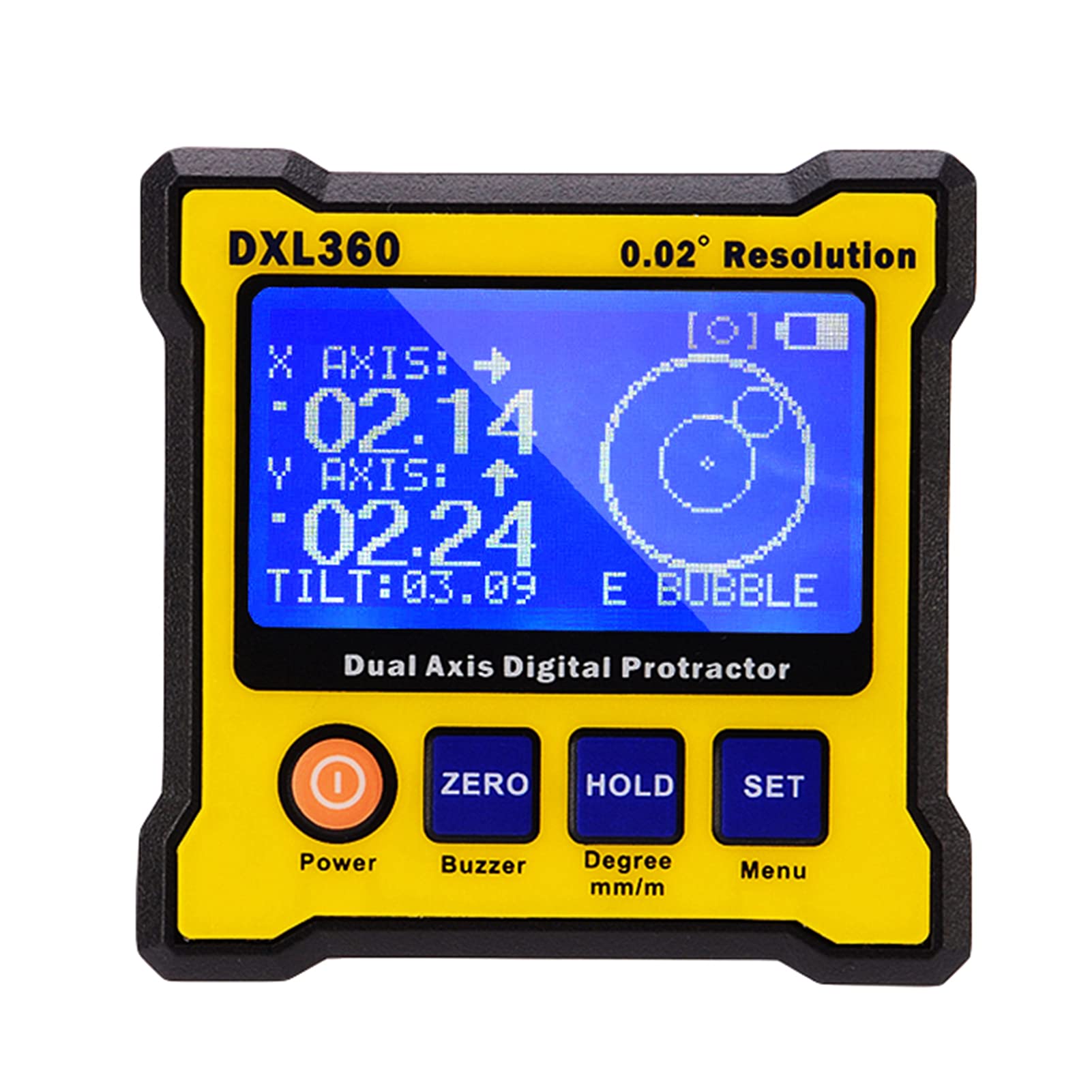 DXL360 Level Box DXL360 Boîte de mesure de niveau à double axe, rapporteur numérique, inclinomètre, règle d'angle, élévation, 0,02 ° Outil de mesure précis haute résolution avec écran LCD