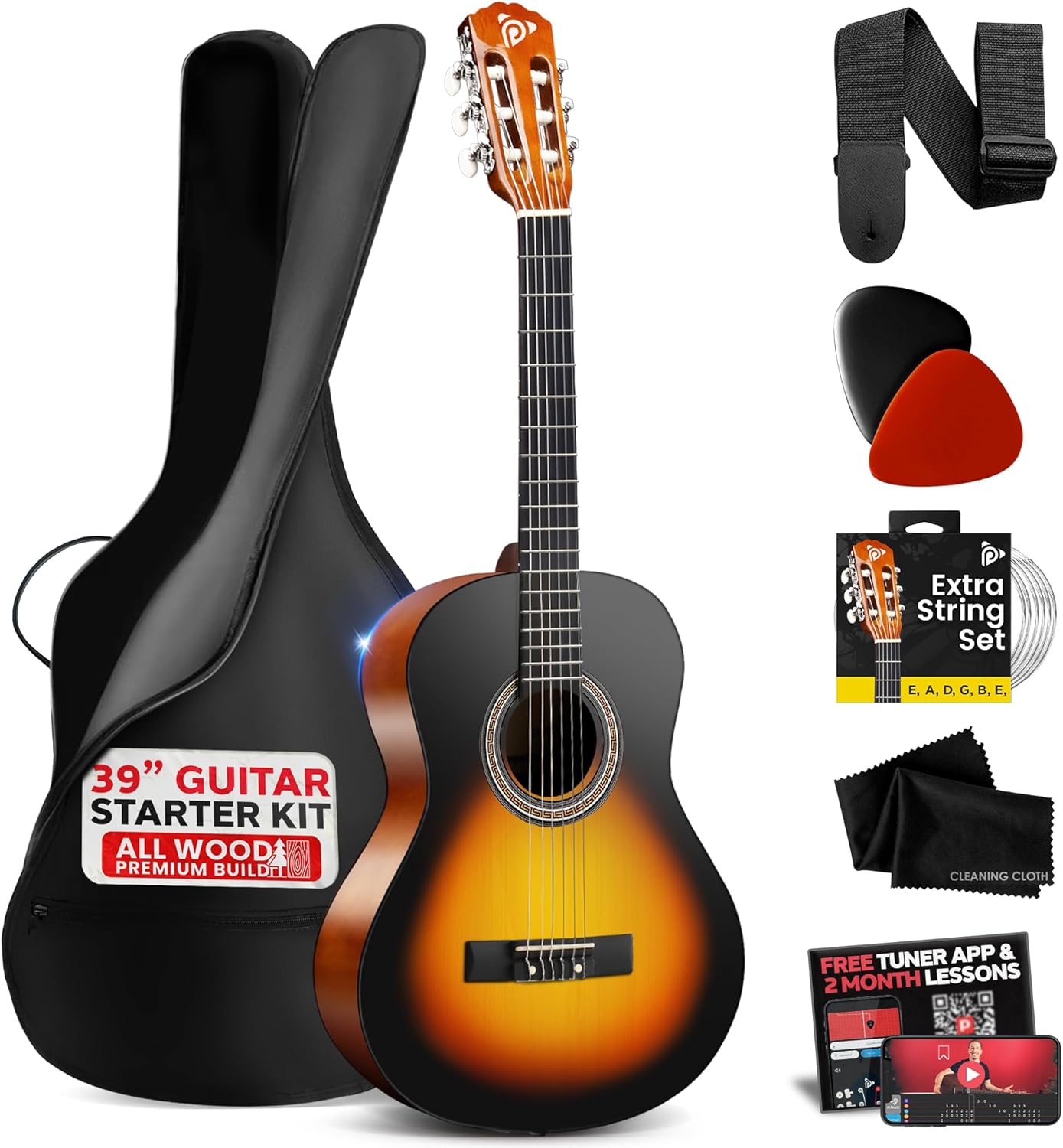 Pyle Beginner Acoustic Guitar Kit, 4/4 Full Size All Wood Instrument with Full Accessory Kit, Picks, Shoulder Strap, Carry Case, Cleaning Cloth, Tuner App, 2 Month Lessons, 39”