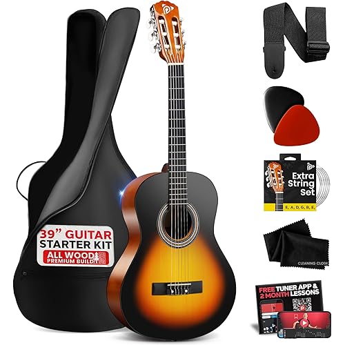 Pyle Beginner Acoustic Guitar Kit, 4/4 Full Size All Wood Instrument with Full Accessory Kit, Picks, Shoulder Strap, Carry Case, Cleaning Cloth, Tuner App, 2 Month Lessons, 39”