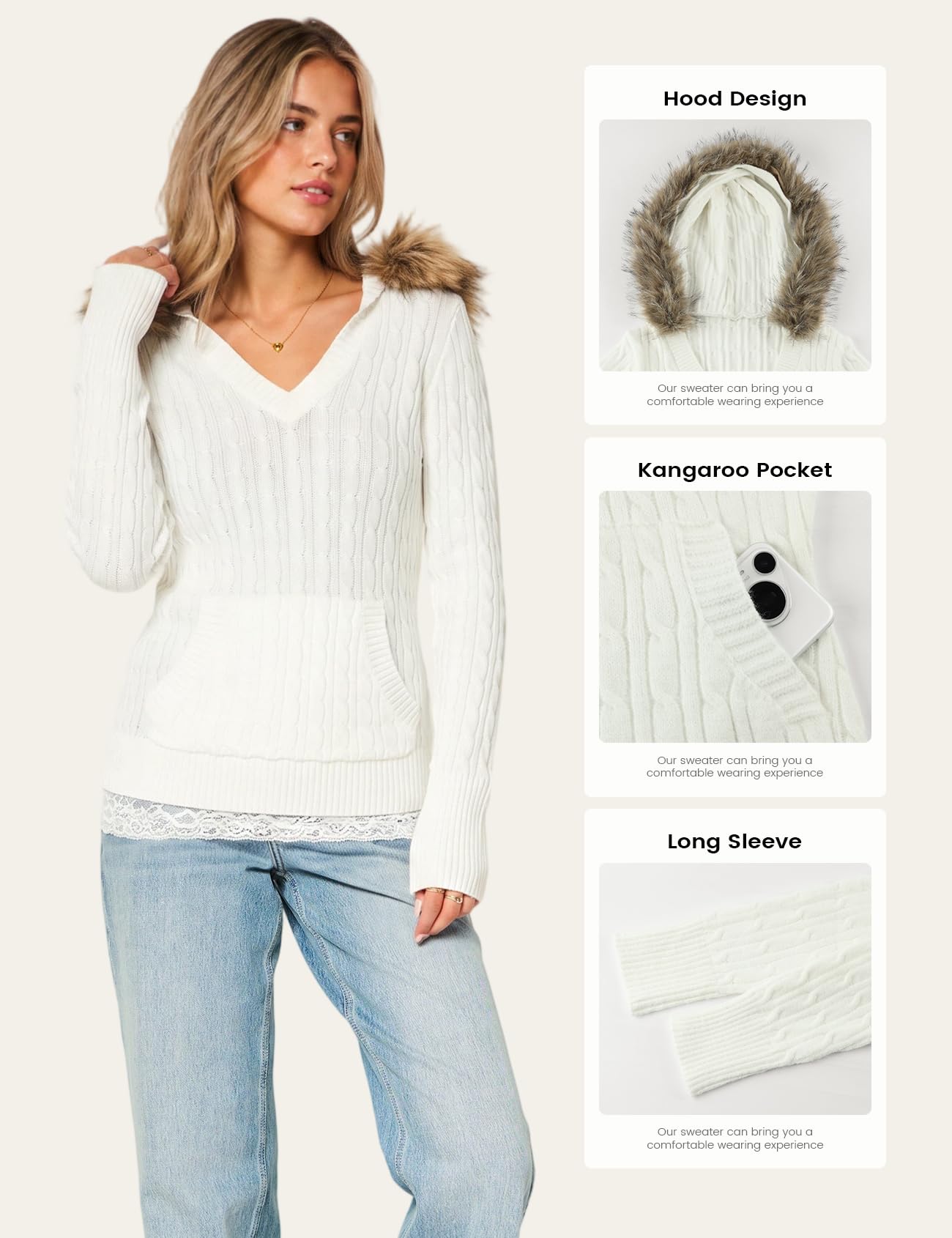 Wyeysyt Damen-Kapuzenpullover mit Zopfmuster, Kunstfellbesatz