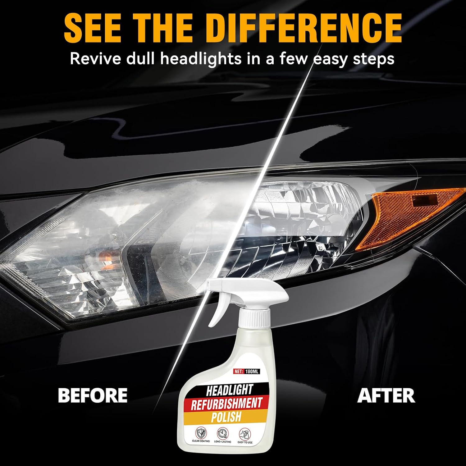 Headlight Restoration Kit, 190ml Headlight Cleaner and Restorer with Protective Coating, Spray Polish for Yellowed Cloudy Oxidized Plastic Lenses, Includes Sponge and Microfiber Towel