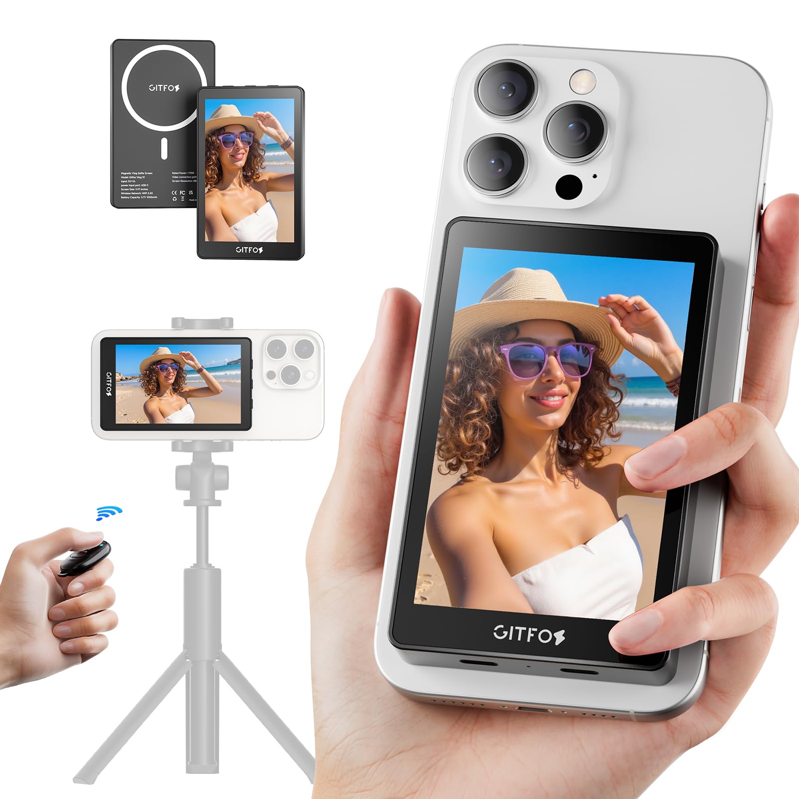 Gitfos Vlog Selfie Monitor Screen for iPhone,4K 30fps Wired Recording,with 40Gbps USB-C Cable,Wired Audio Output, Dual Magnetic Selfie for Selfie Vlog,TikTok Live Stream (Doesn't Support Android)-image-44