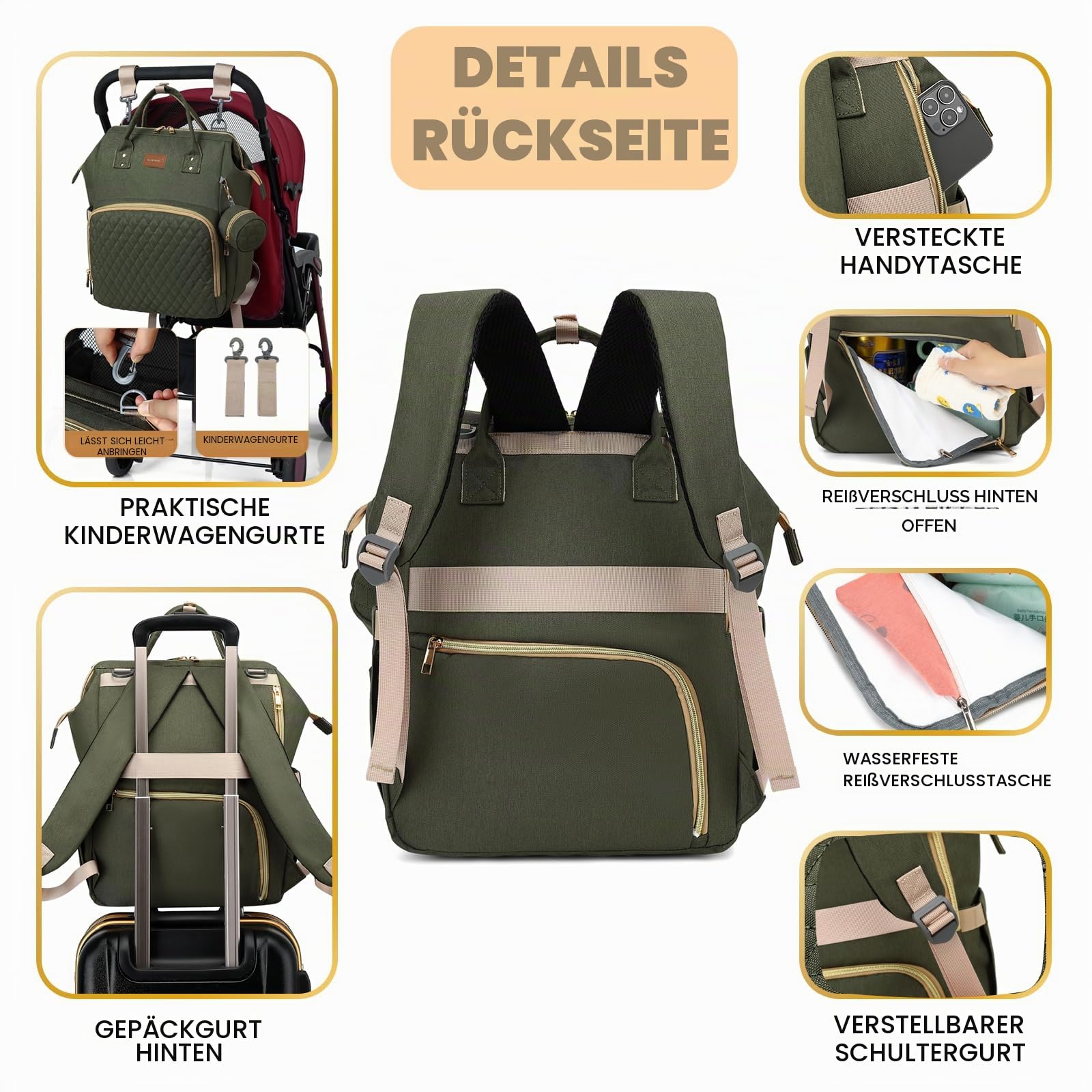 ROSEGIN Wickelrucksack Groß - Baby Wickeltasche Rucksack Wasserdicht & Leicht mit Wickelunterlage, Schnullertasche & Kinderwagenhaken - Diaper Bag Babytasche für Mama & Papa