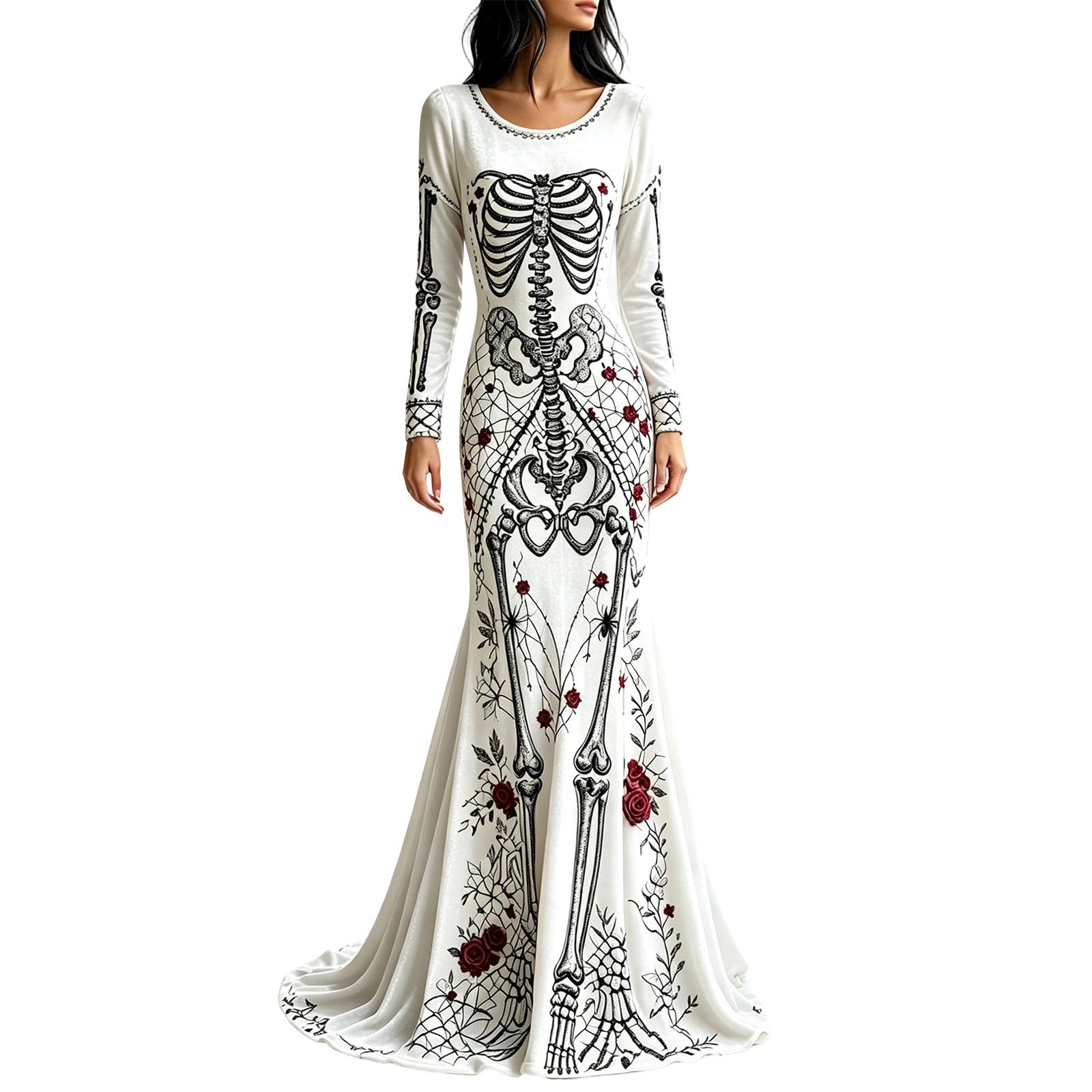 Women's Skeleton Print Mermaid Maxi Dress Long Sleeve Halloween Dresses for Women 3D Digital Print Floral Gothic Fancy Dress Costume — image 1