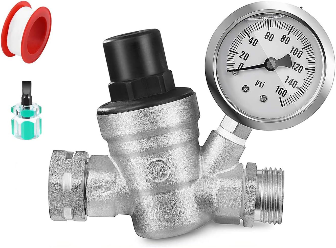[Upgrade w/ Anti Vibration Oil Filled Gauge, Teflon Tape & Screw Driver Included] RV Water Pressure Regulator Valve, Lead-Free Adjustable Water Pressure Reducer for RV Camper Travel Trailer (Silver)