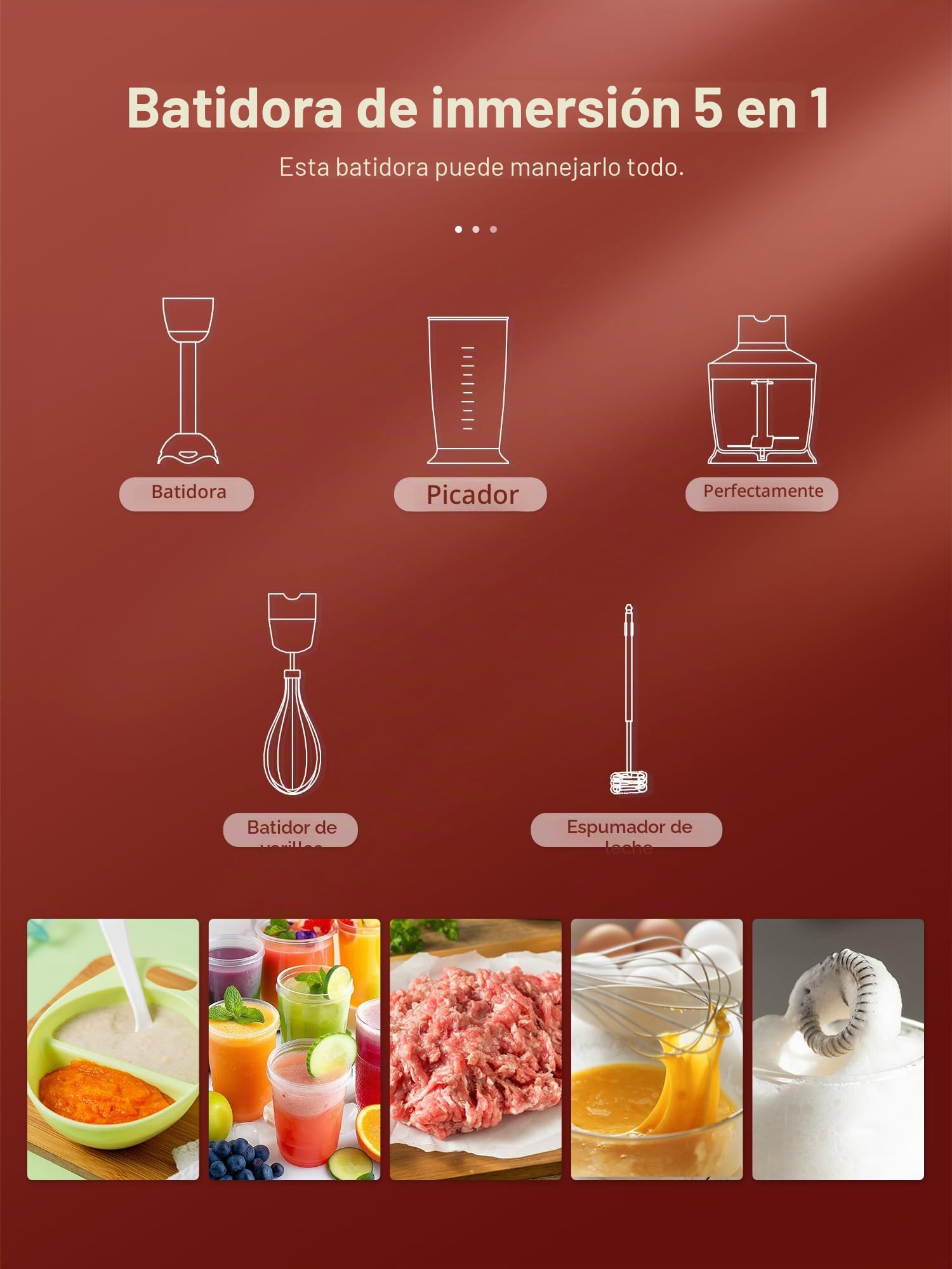 Batidora de Mano 5 en 1 de 1000W, Batidora de Inmersión Profesional con 12 Velocidades y Función Turbo, Incluye Picadora de 500ml, Vaso Medidor de 600ml, Batidor de Varillas y Espumador de Leche