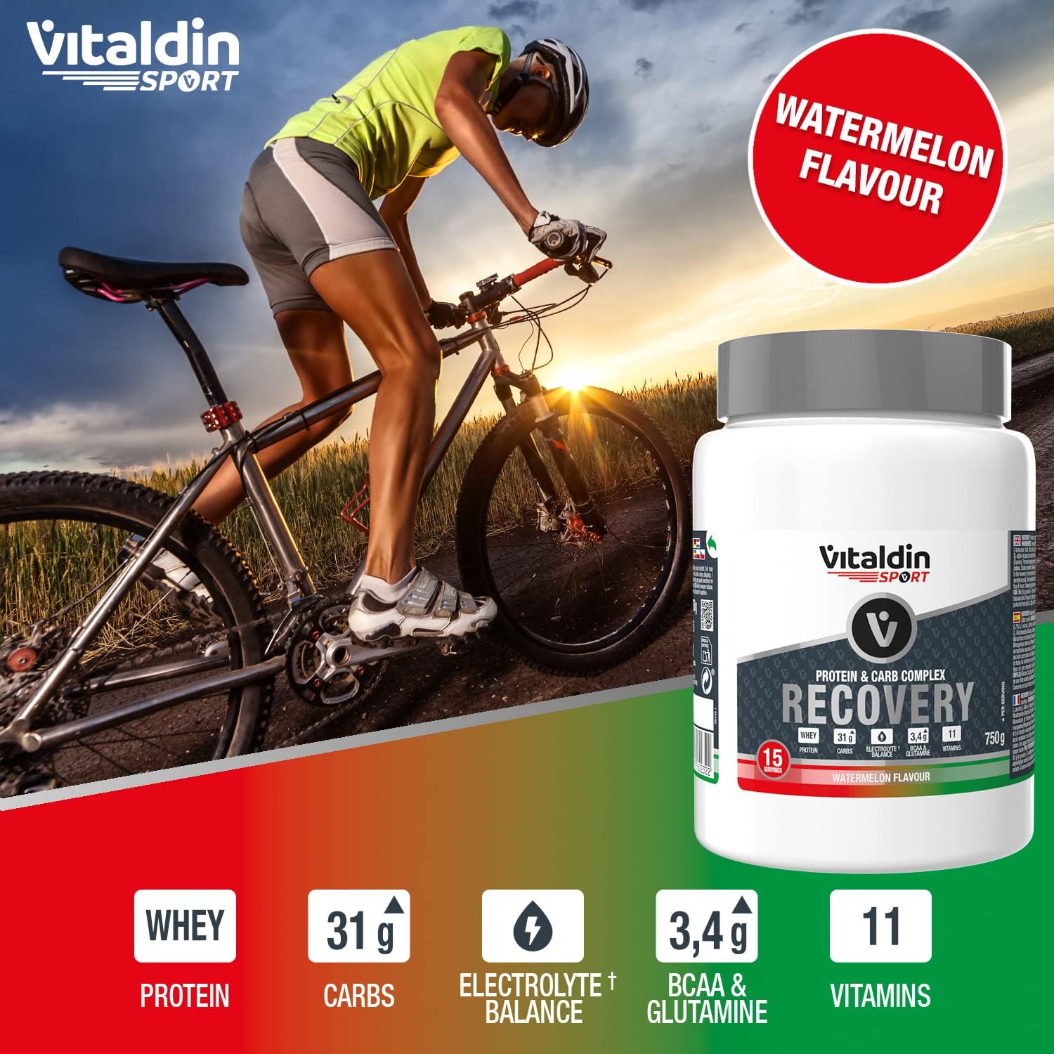 VITALDIN SPORT Protein & Carb Complex Recovery – Bevanda in Polvere per Recupero con Proteine Whey, Carboidrati, Elettroliti, BCAA, Glutammina, Vitamine – Energia e Recupero Muscolare; Anguria – 750 g