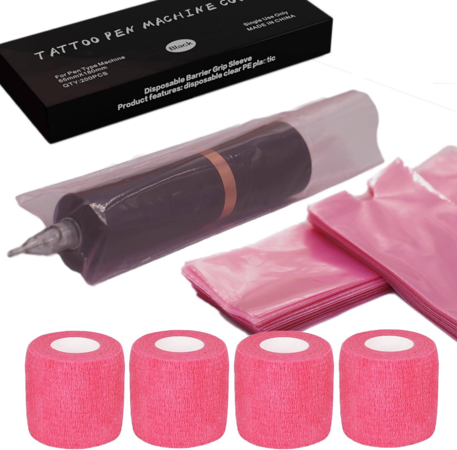 200 Pink Tattoo Pen Covers 4 Grip Tapes Large Tattoo Machine Covers Tape Wrap Supplies