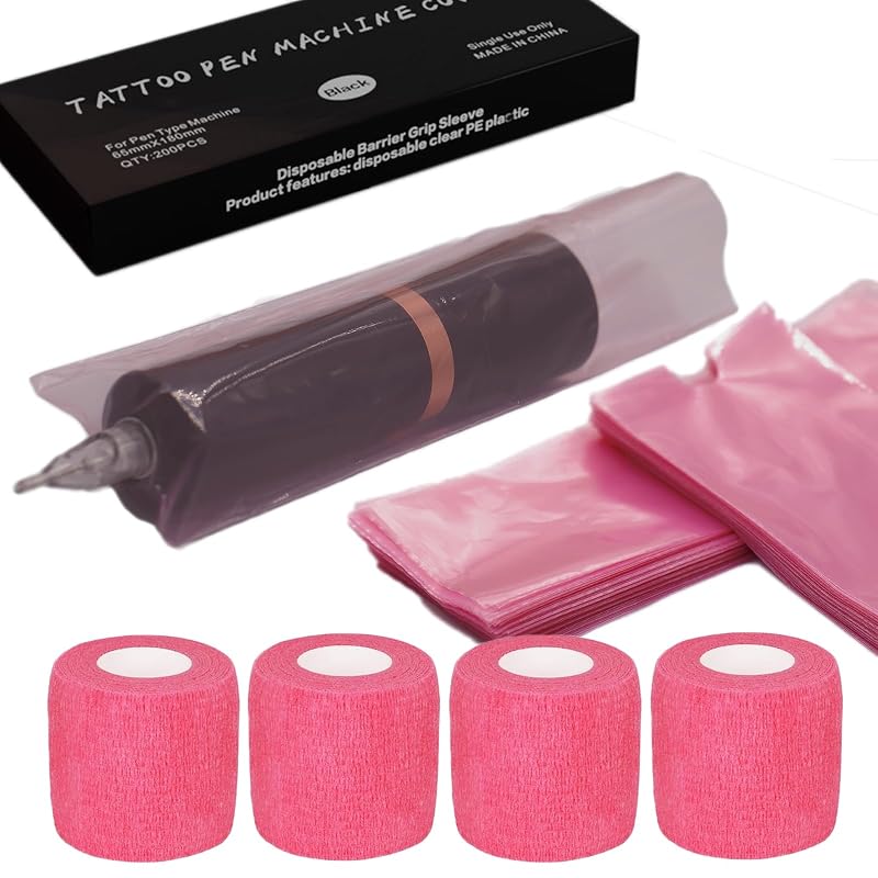 Miuxia Kit com 200 capas rosas para caneta de tatuagem e 4 fitas para grip