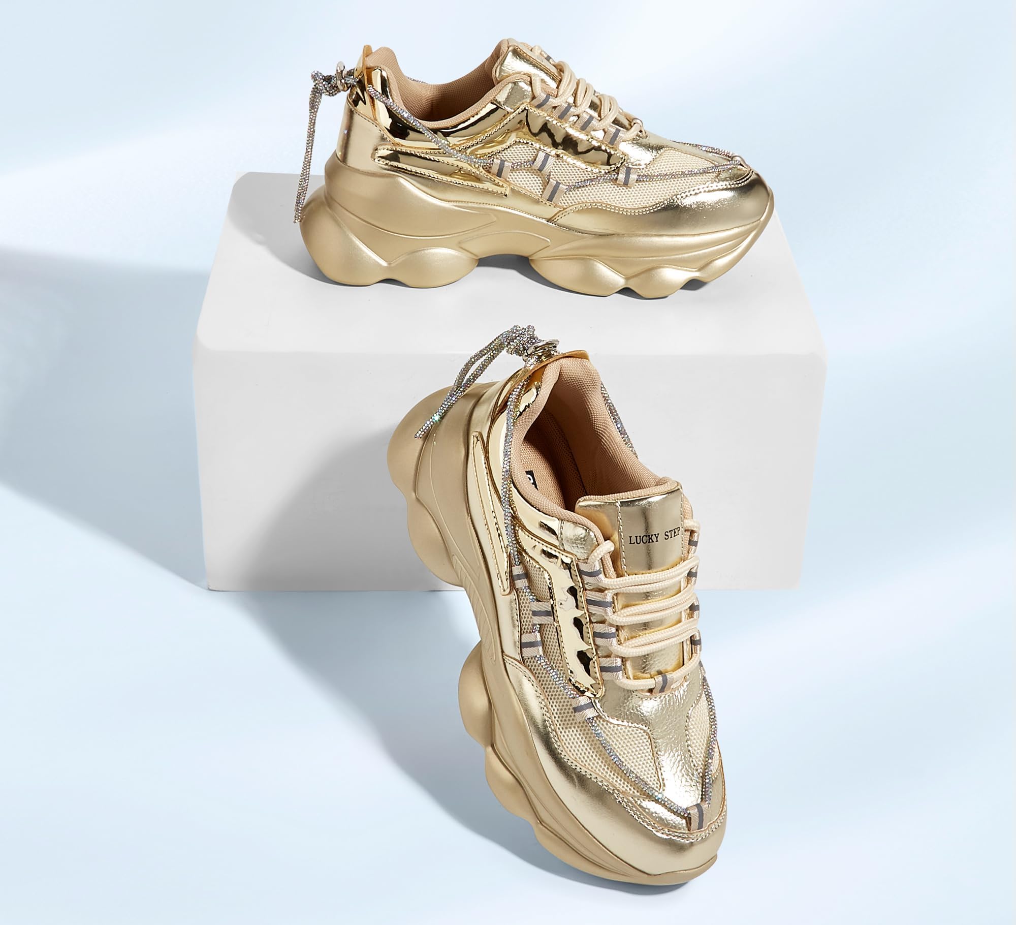 LUCKY STEP Women's 90s Chunky Sneakers Sparkly Bling Rhinestone Rope Platform Casual Thick Dad Rave Walking Shoes