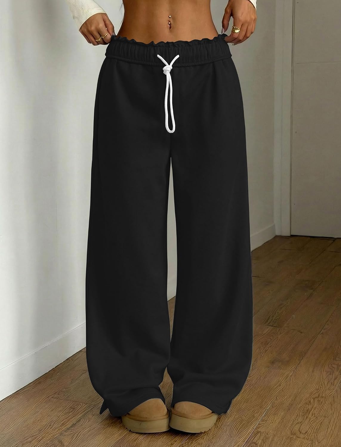 ZAFUL Women's Fleece Lined Sweatpants Foldover Waistband Drawstring Wide Leg Sweat Pants Warm Lounge Pants with Pockets