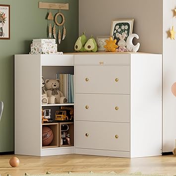Modern Nursery Changing Table Dresser,Corner Baby Dressing Table with 5 Drawers,2 Open Storage Racks,Multi Functional Diaper Changing Station for Children's Rooms,for The Nursery, White
