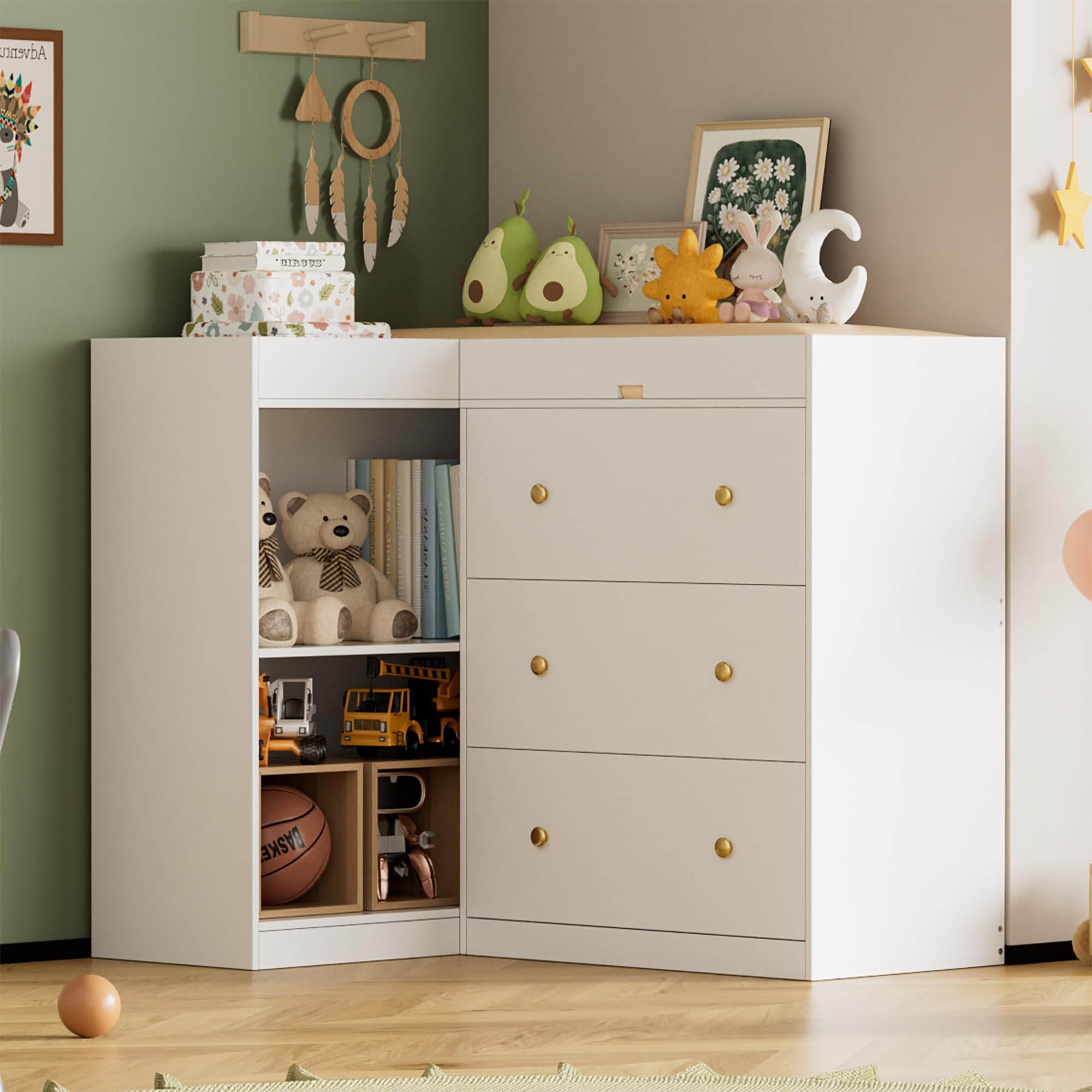 CASANOOKK Modern Nursery Changing Table Dresser,Corner Baby Dressing Table with 5 Drawers,2 Open Storage Racks,Multi Functional Diaper Changing Station for Children's Rooms,for The Nursery, White : Baby
