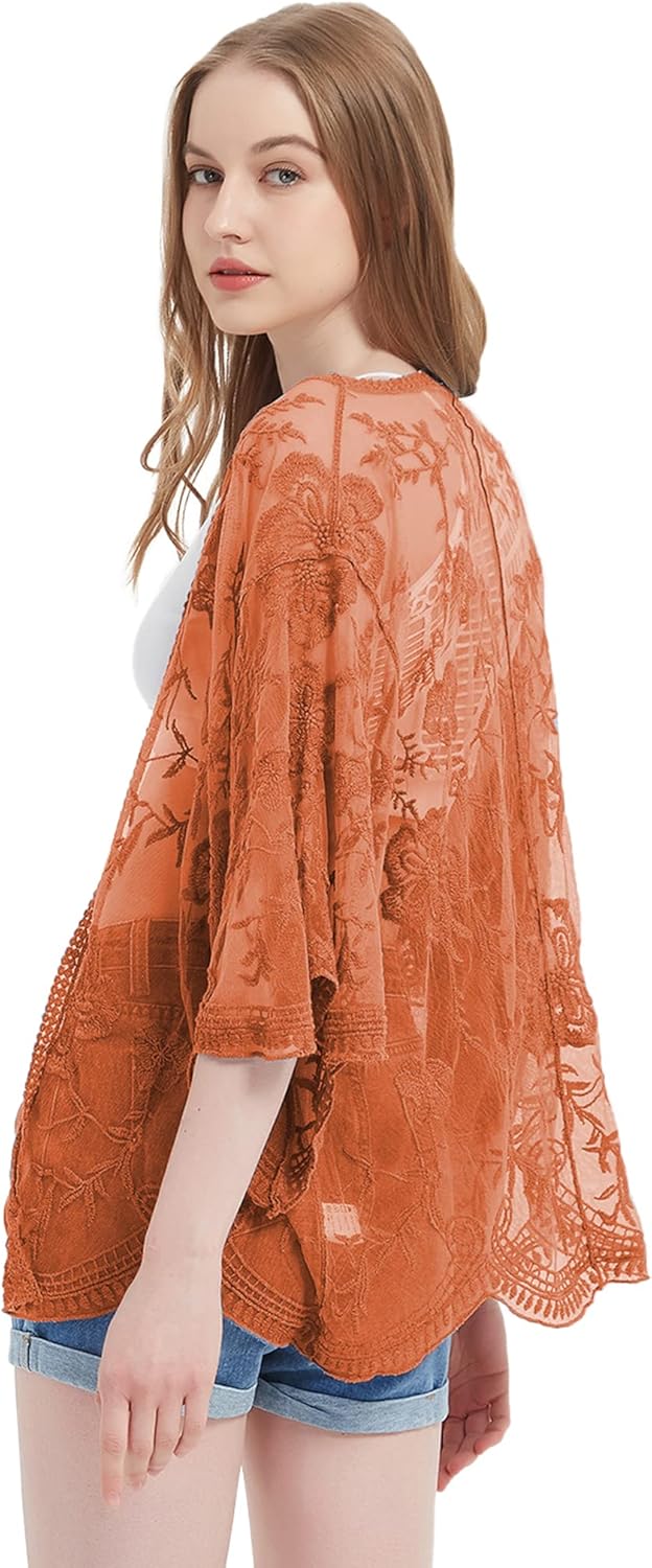 Anna-Kaci Womens Long Embroidered Lace Kimono Cardigan with Half Sleeves - Image 2