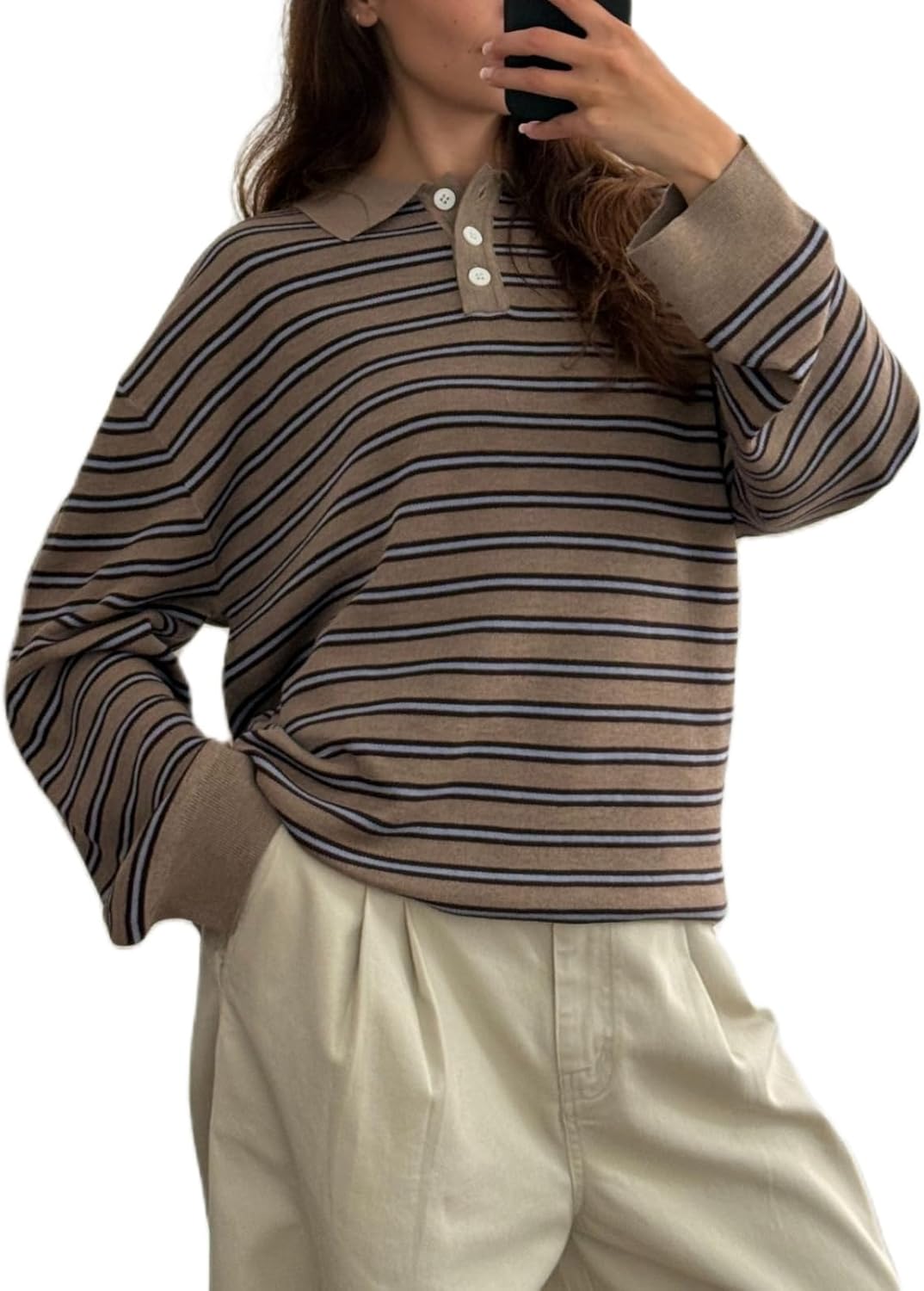 Women Y2K Striped Polo Sweater Long Sleeve Color Block Lapel V Neck Knit Jumper Tops Oversized Sweater