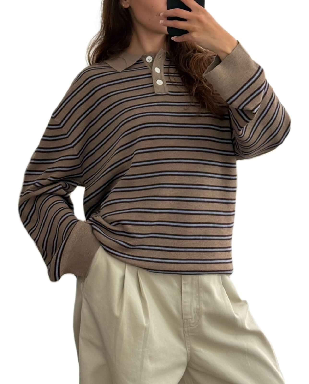 Women Y2K Striped Polo Sweater Long Sleeve Color Block Lapel V Neck Knit Jumper Tops Oversized Sweater Striped